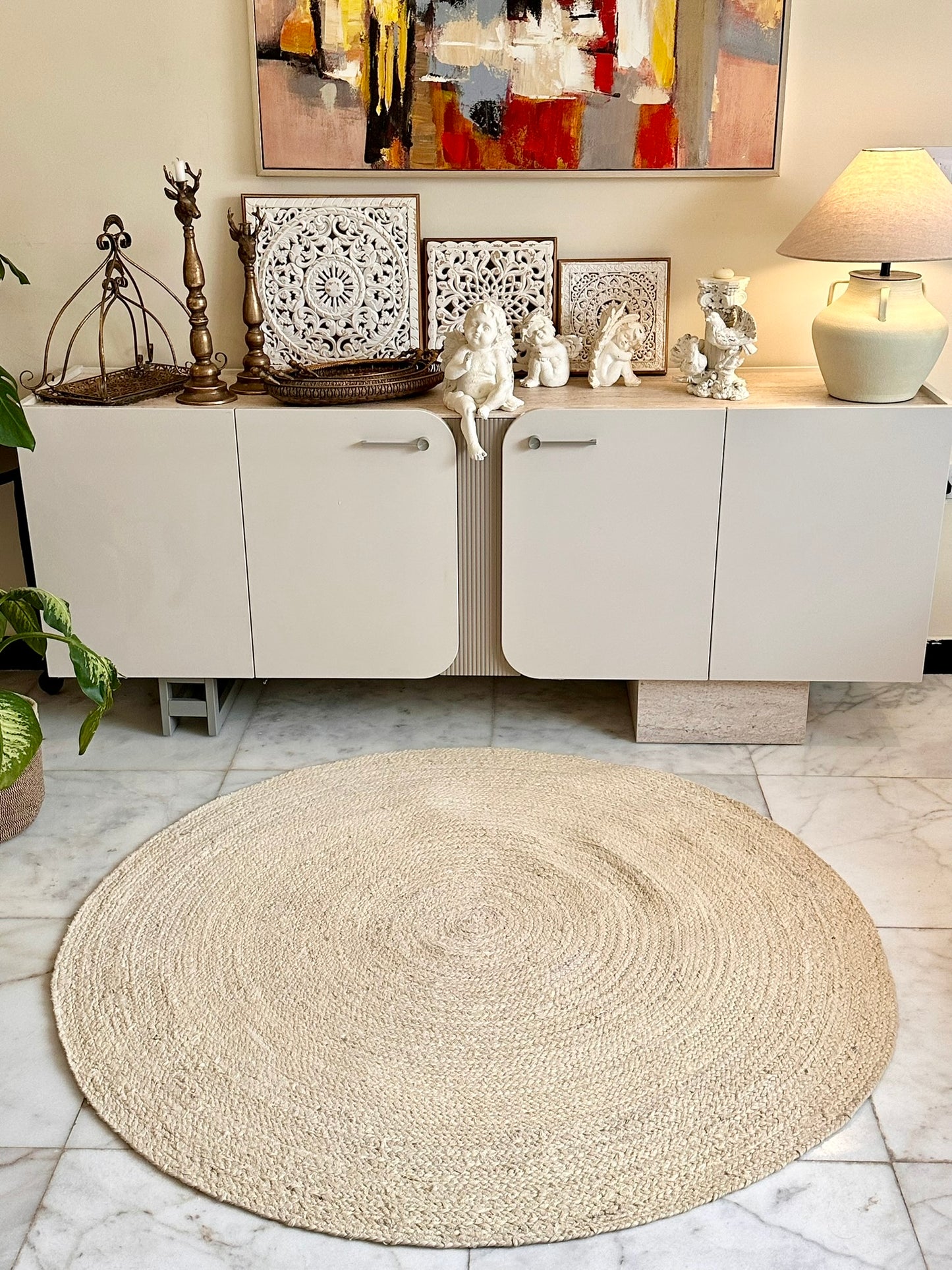 Modern Minimalist Console with Marble Base Accent – 4 Doors
