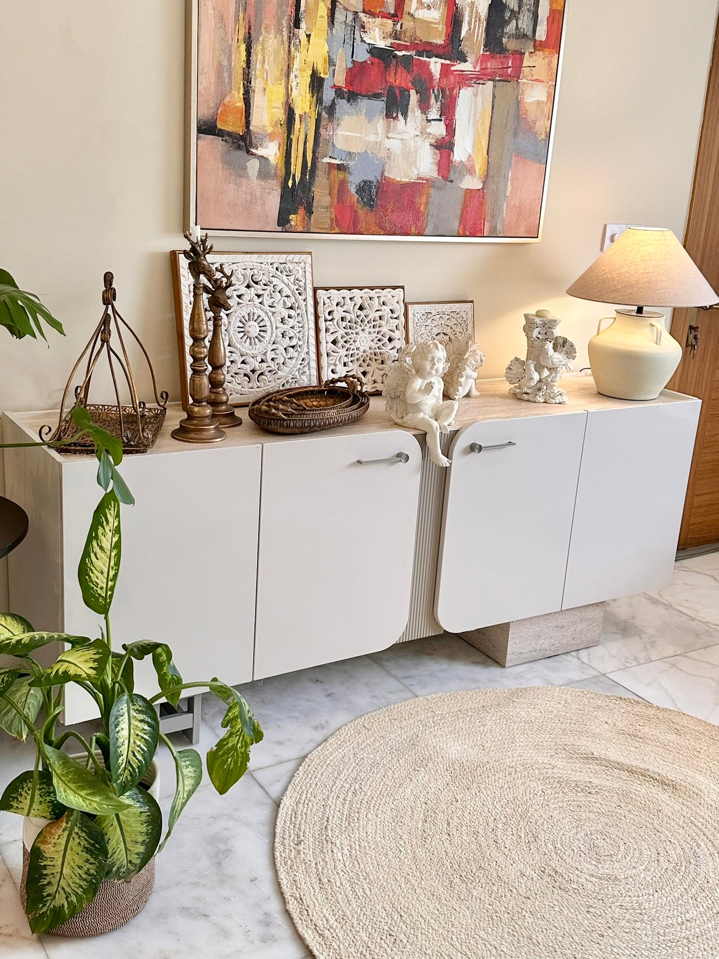 Modern Minimalist Console with Marble Base Accent – 4 Doors