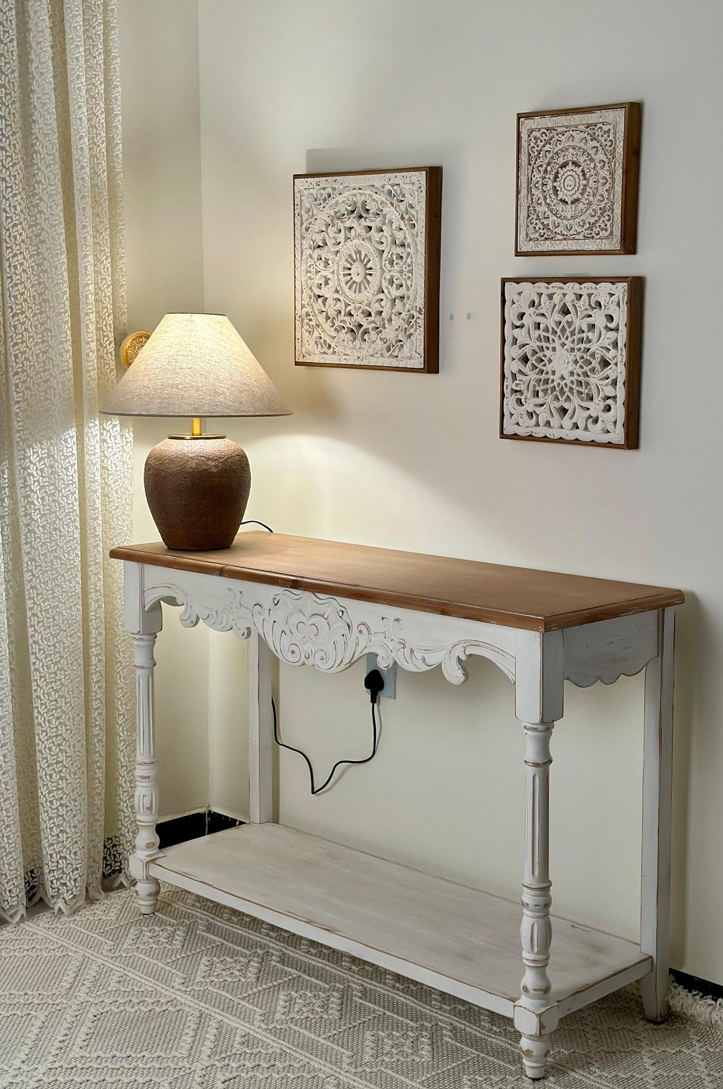 Set of 3 Hand-Carved Wall Panels – Antique White on Natural Wood Wall Art CODE 3406