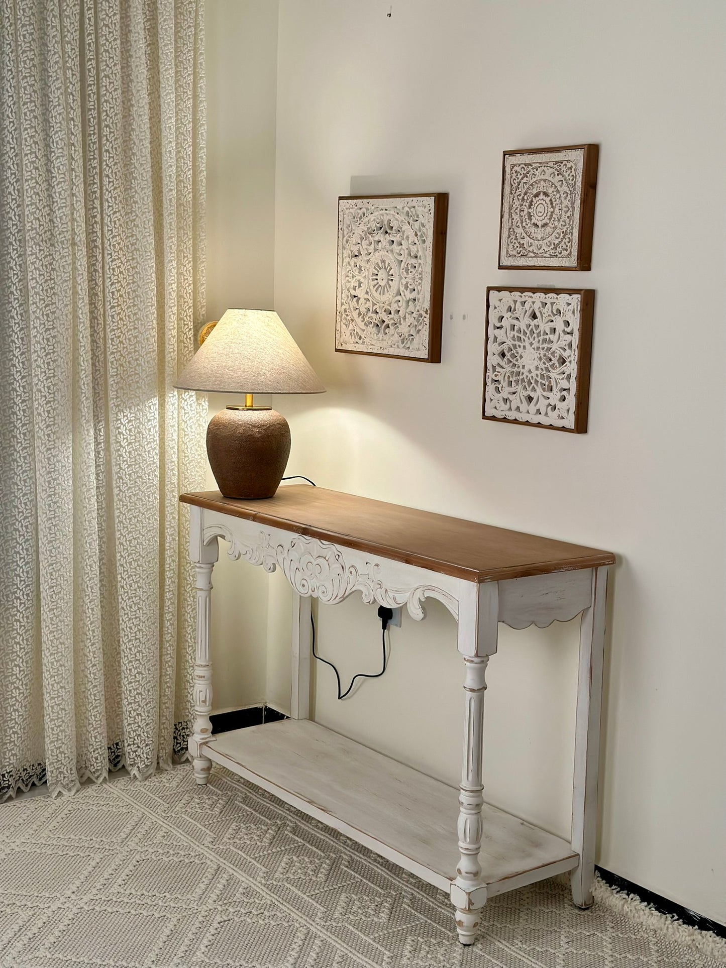 Set of 3 Hand-Carved Wall Panels – Antique White on Natural Wood Wall Art CODE 3406
