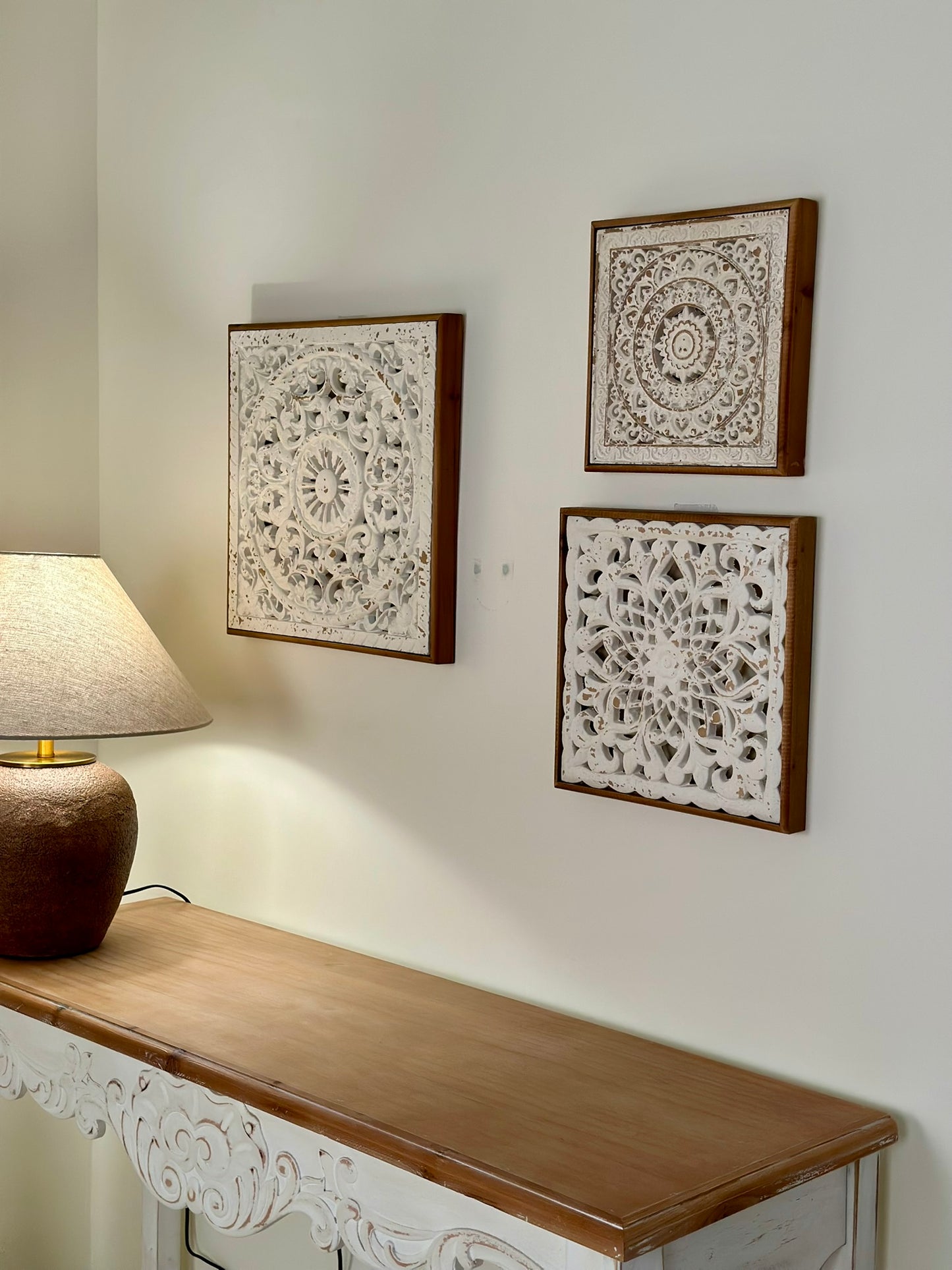 Set of 3 Hand-Carved Wall Panels – Antique White on Natural Wood Wall Art CODE 3406