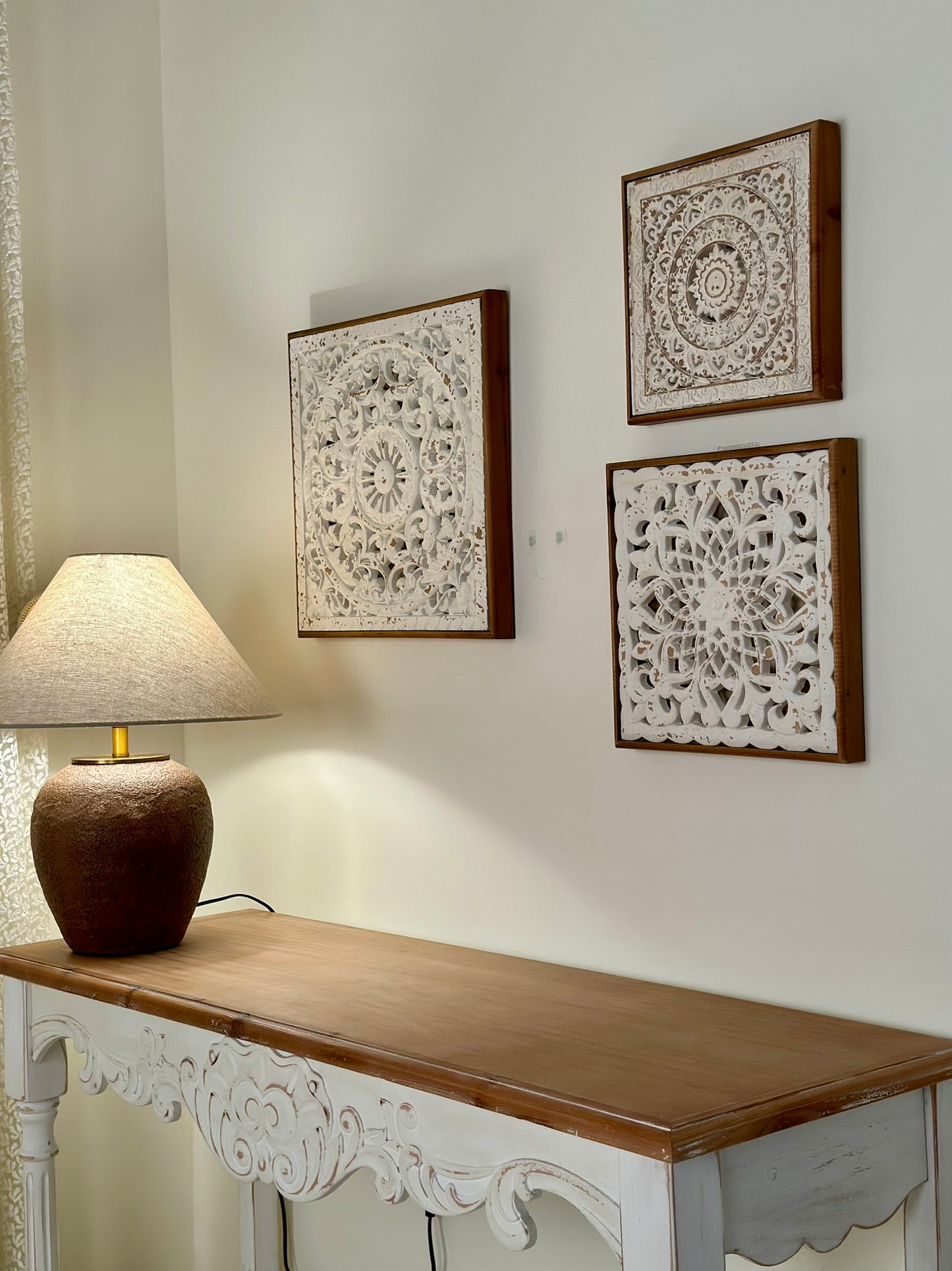 Set of 3 Hand-Carved Wall Panels – Antique White on Natural Wood Wall Art CODE 3406