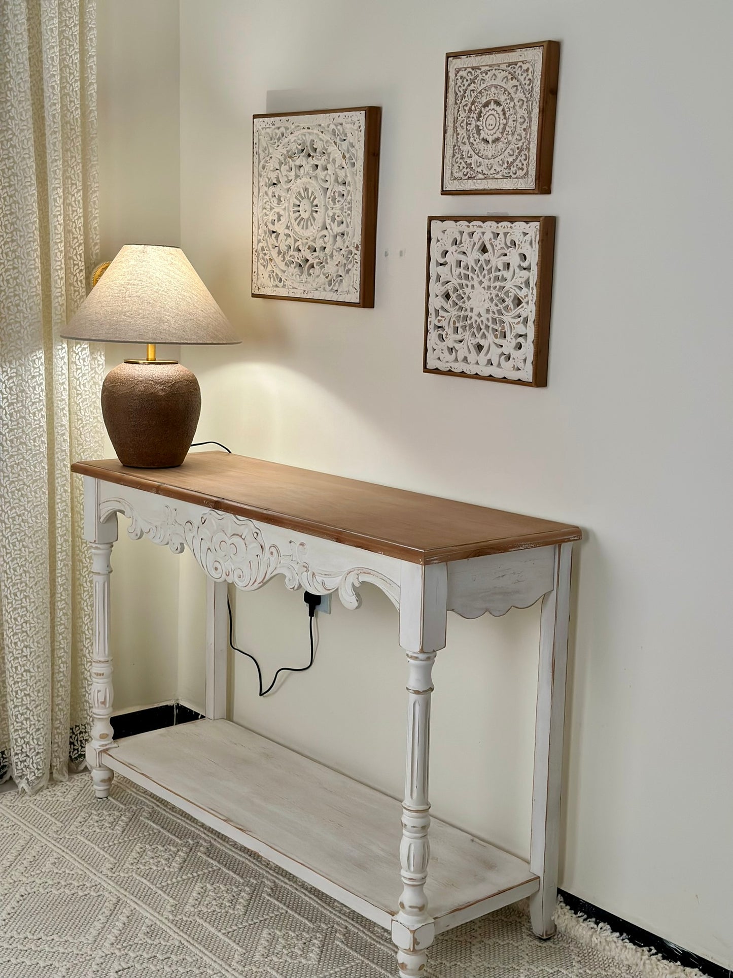 Set of 3 Hand-Carved Wall Panels – Antique White on Natural Wood Wall Art CODE 3406