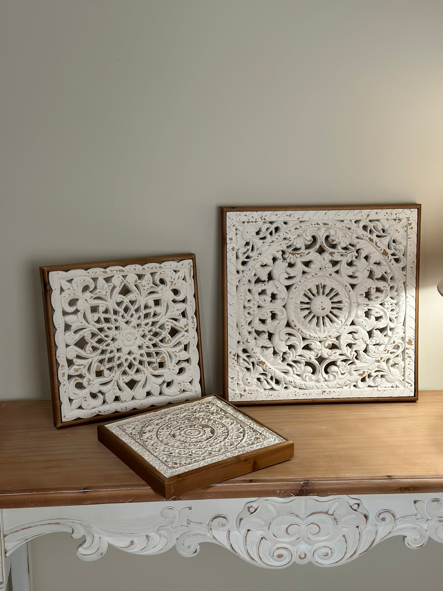 Set of 3 Hand-Carved Wall Panels – Antique White on Natural Wood Wall Art CODE 3406
