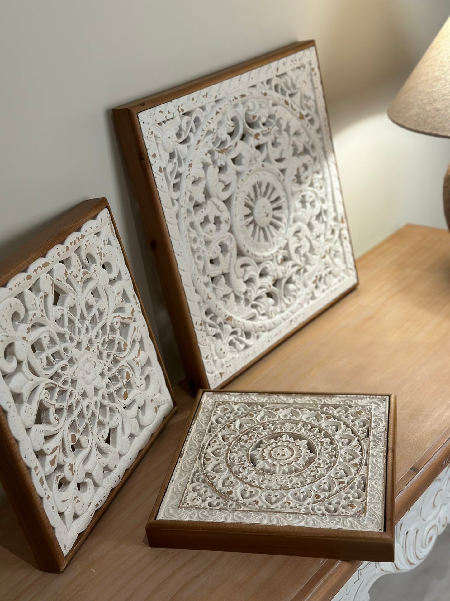 Set of 3 Hand-Carved Wall Panels – Antique White on Natural Wood Wall Art CODE 3406