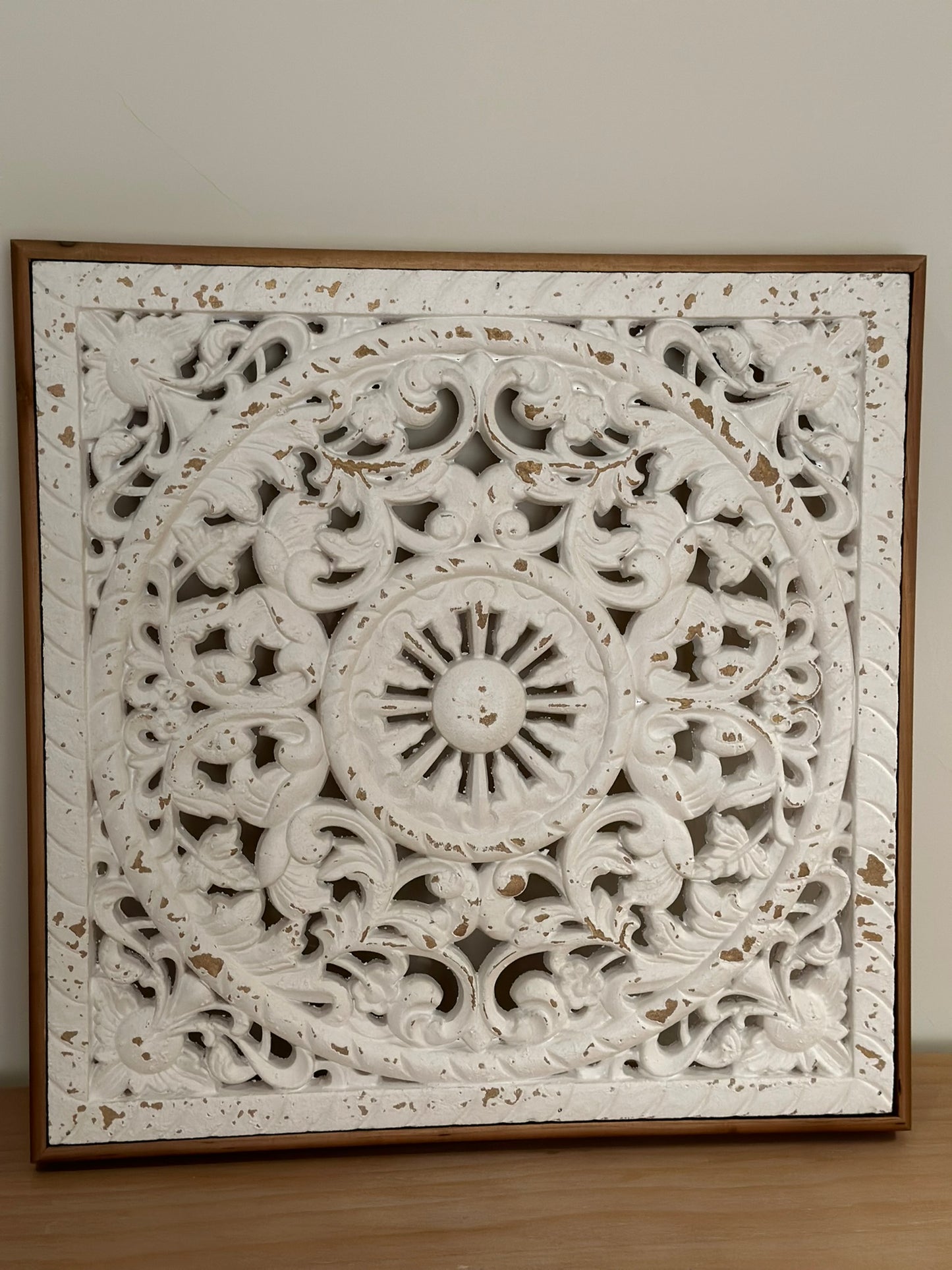 Set of 3 Hand-Carved Wall Panels – Antique White on Natural Wood Wall Art CODE 3406