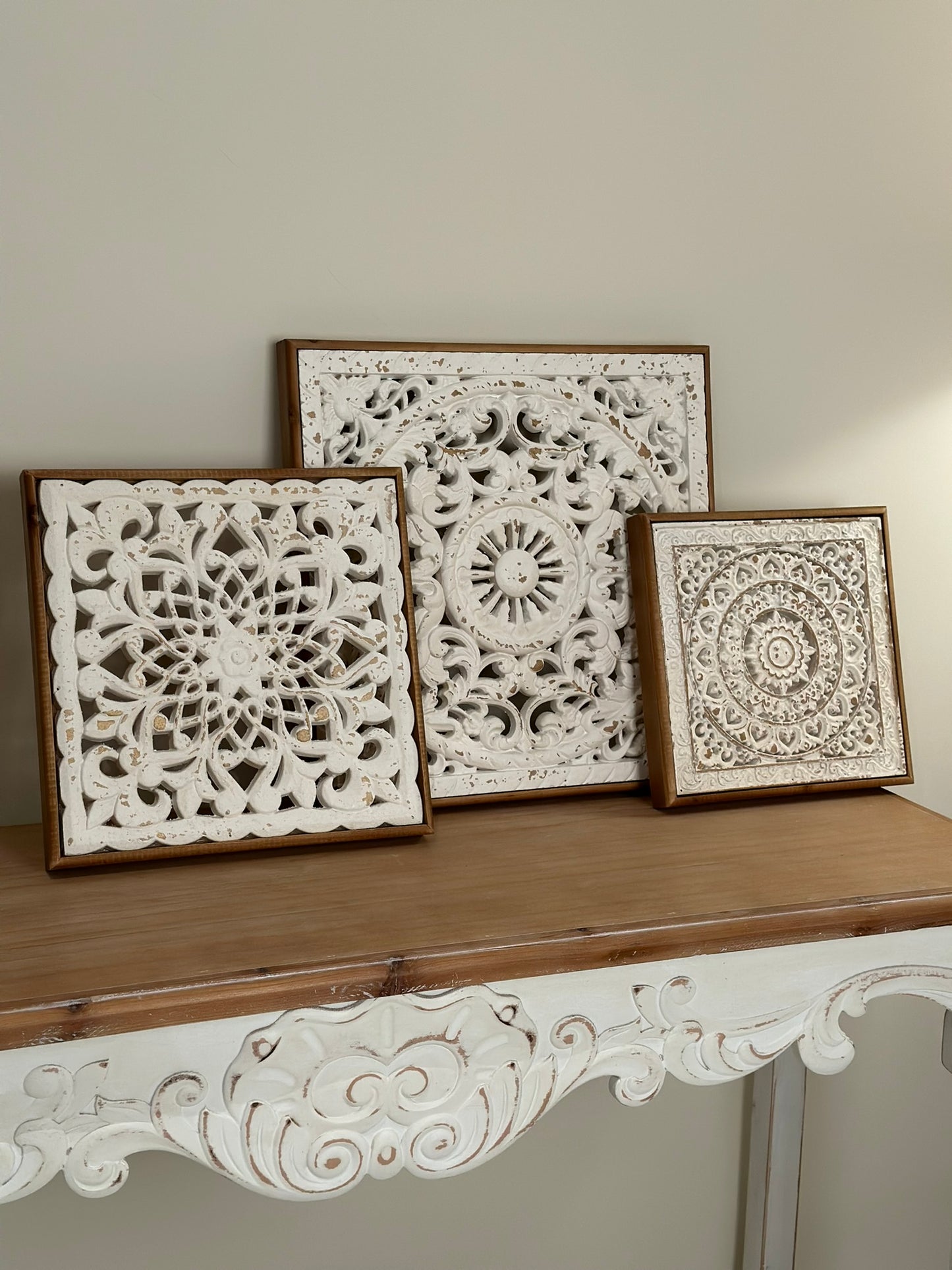 Set of 3 Hand-Carved Wall Panels – Antique White on Natural Wood Wall Art CODE 3406