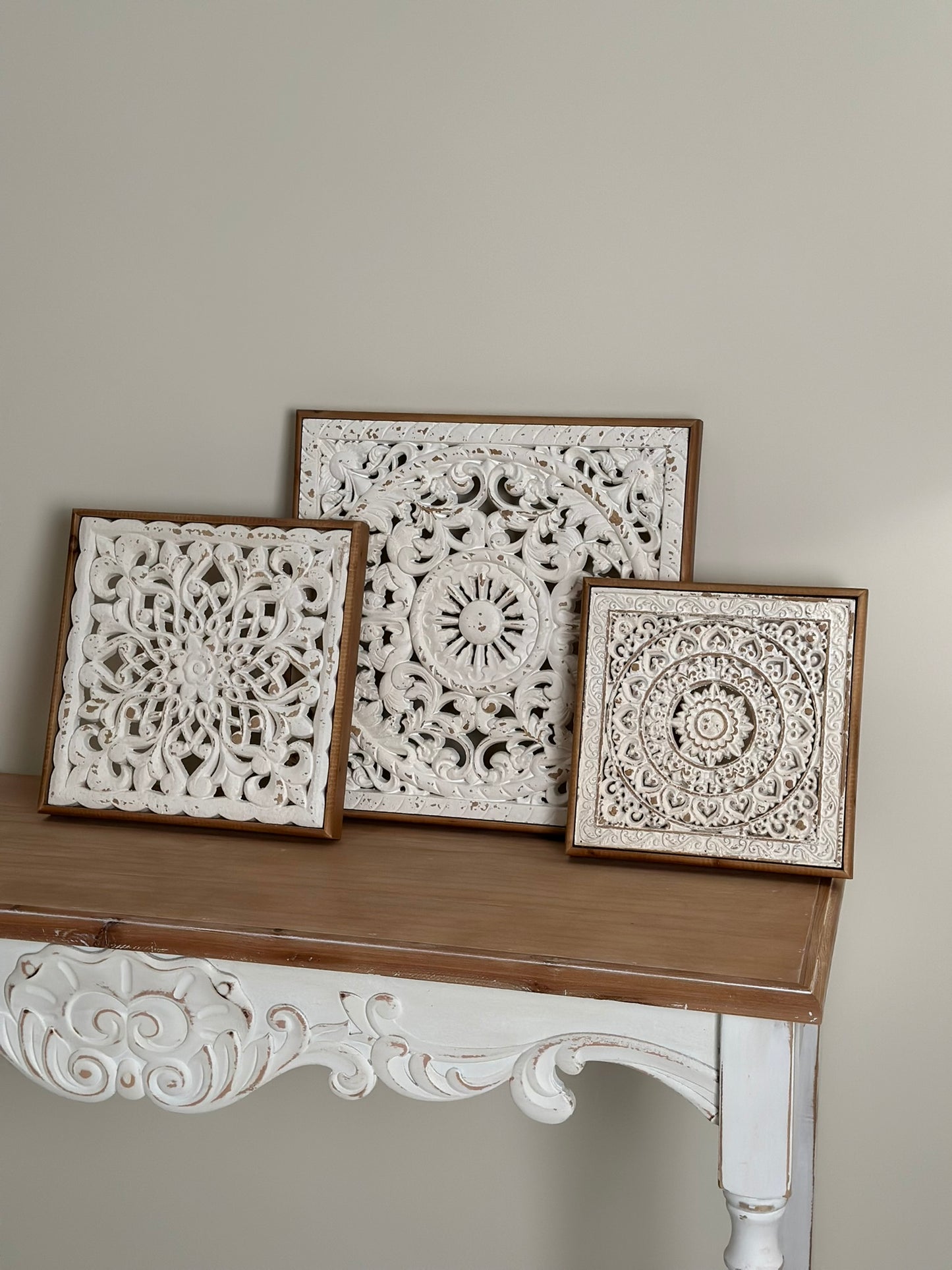 Set of 3 Hand-Carved Wall Panels – Antique White on Natural Wood Wall Art CODE 3406