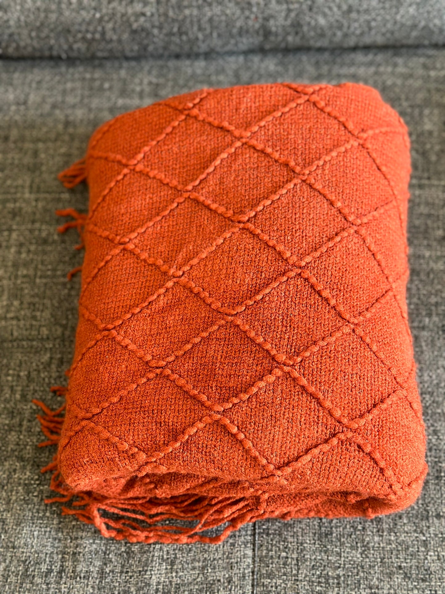 Terracotta Diamond Knit Throw Blanket with Tassels CODE 3330