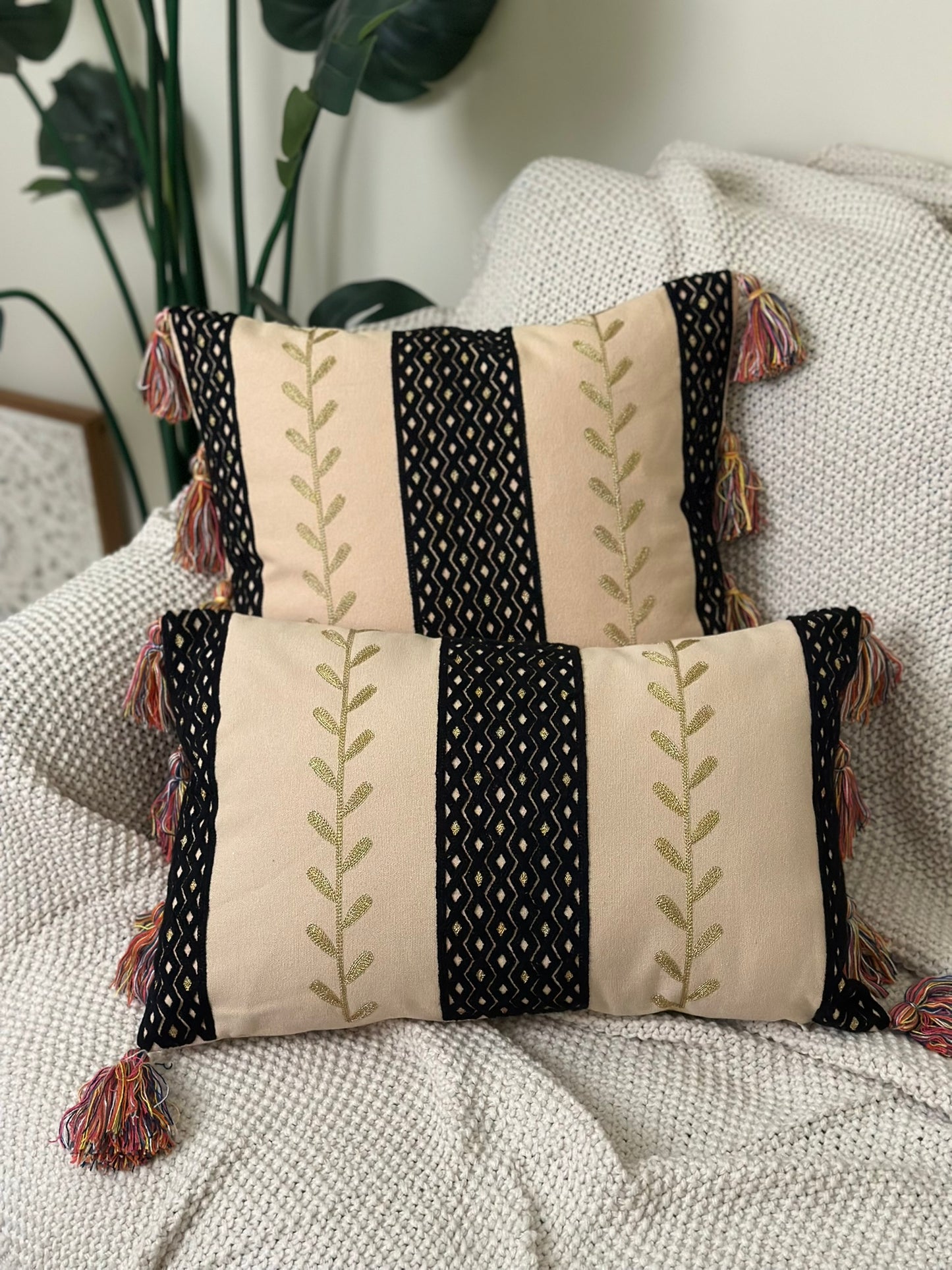 Bohemian Black & Beige Embroidered Cushion Set CODE 3321 B