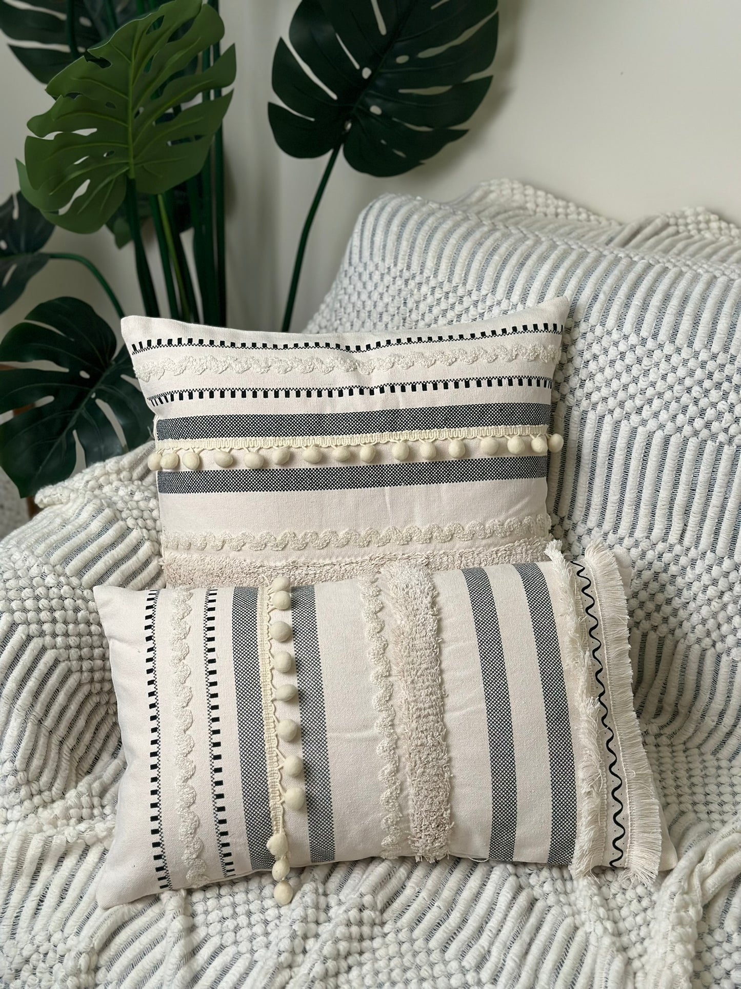 Modern Boho Textured Cushion Set – Black & Cream Striped with Playful Details CODE 3310
