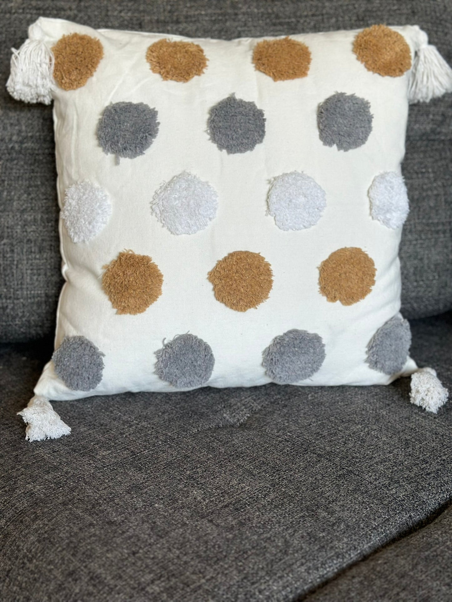 Tufted Dot Cushion with Tassels – Beige, Grey & White Accents CODE 3317 DOT