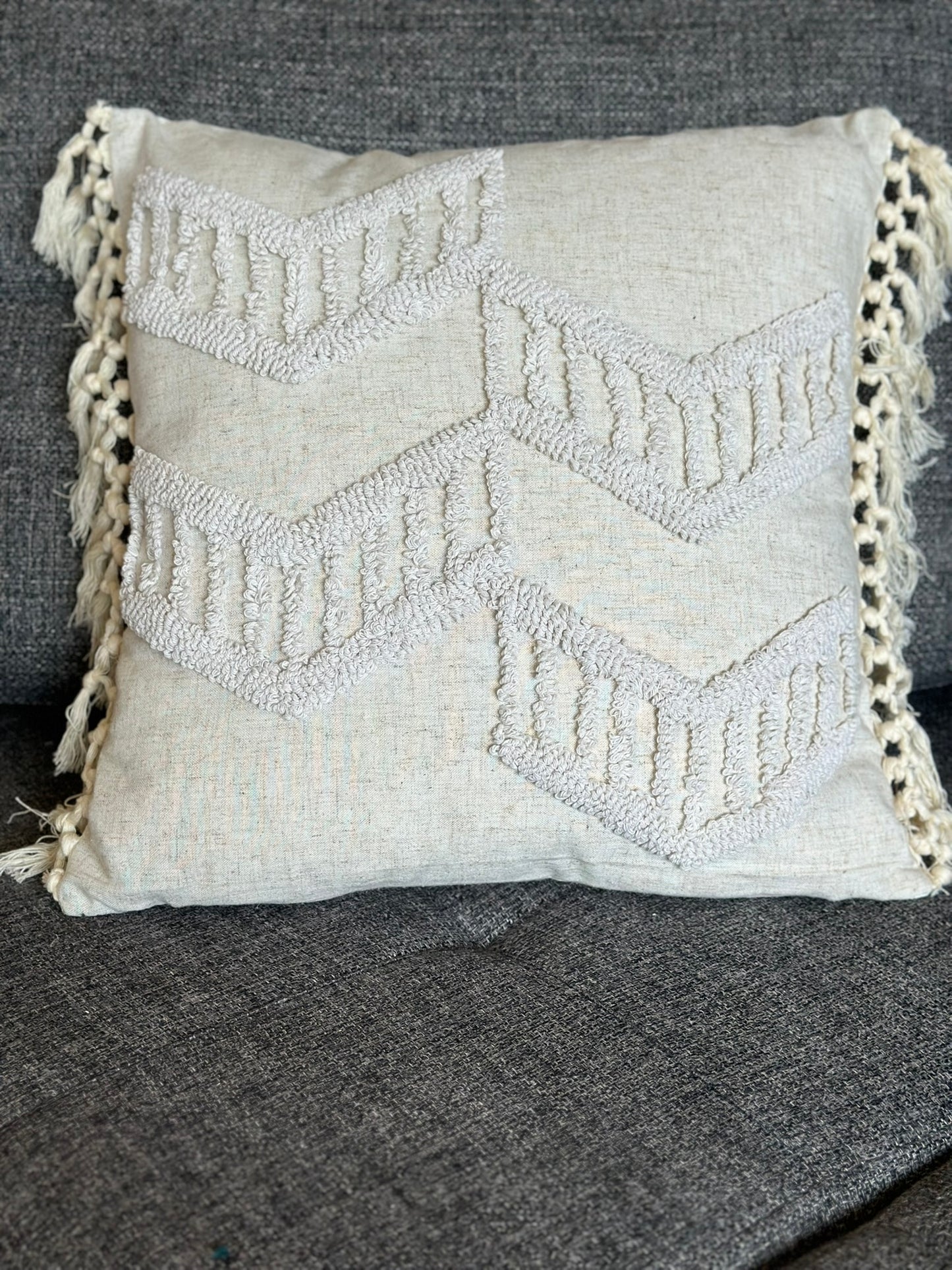 Boho-Inspired Beige Cushion Set with Chevron Embroidery & Side Tassels CODE 3313 RAD