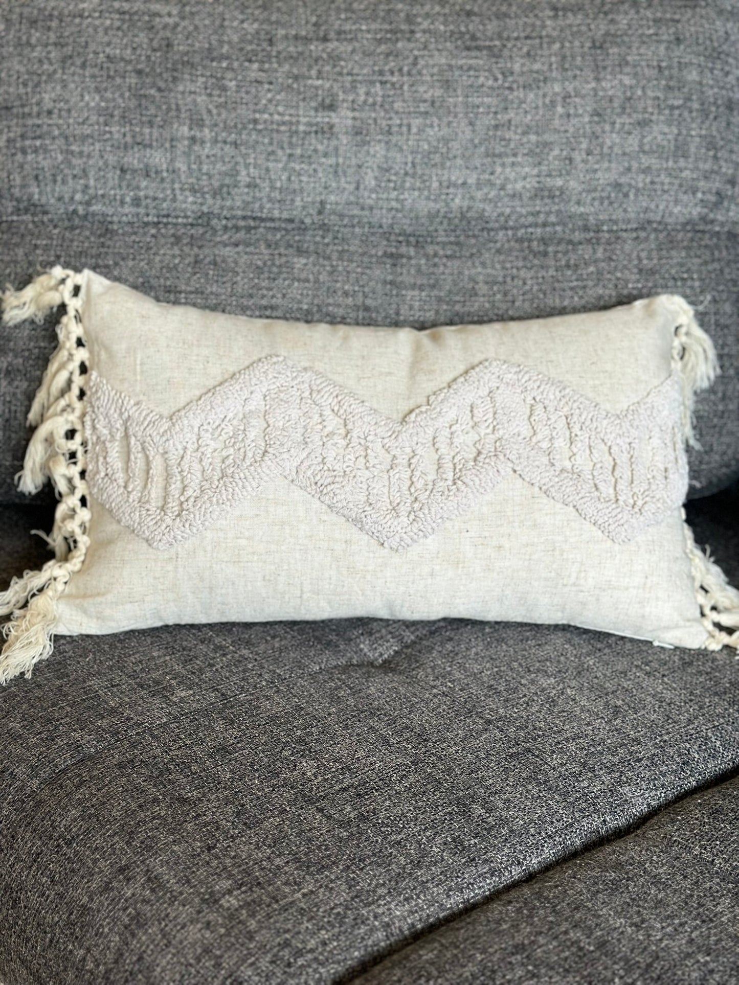 Boho-Inspired Beige Cushion Set with Chevron Embroidery & Side Tassels CODE 3313 RAD