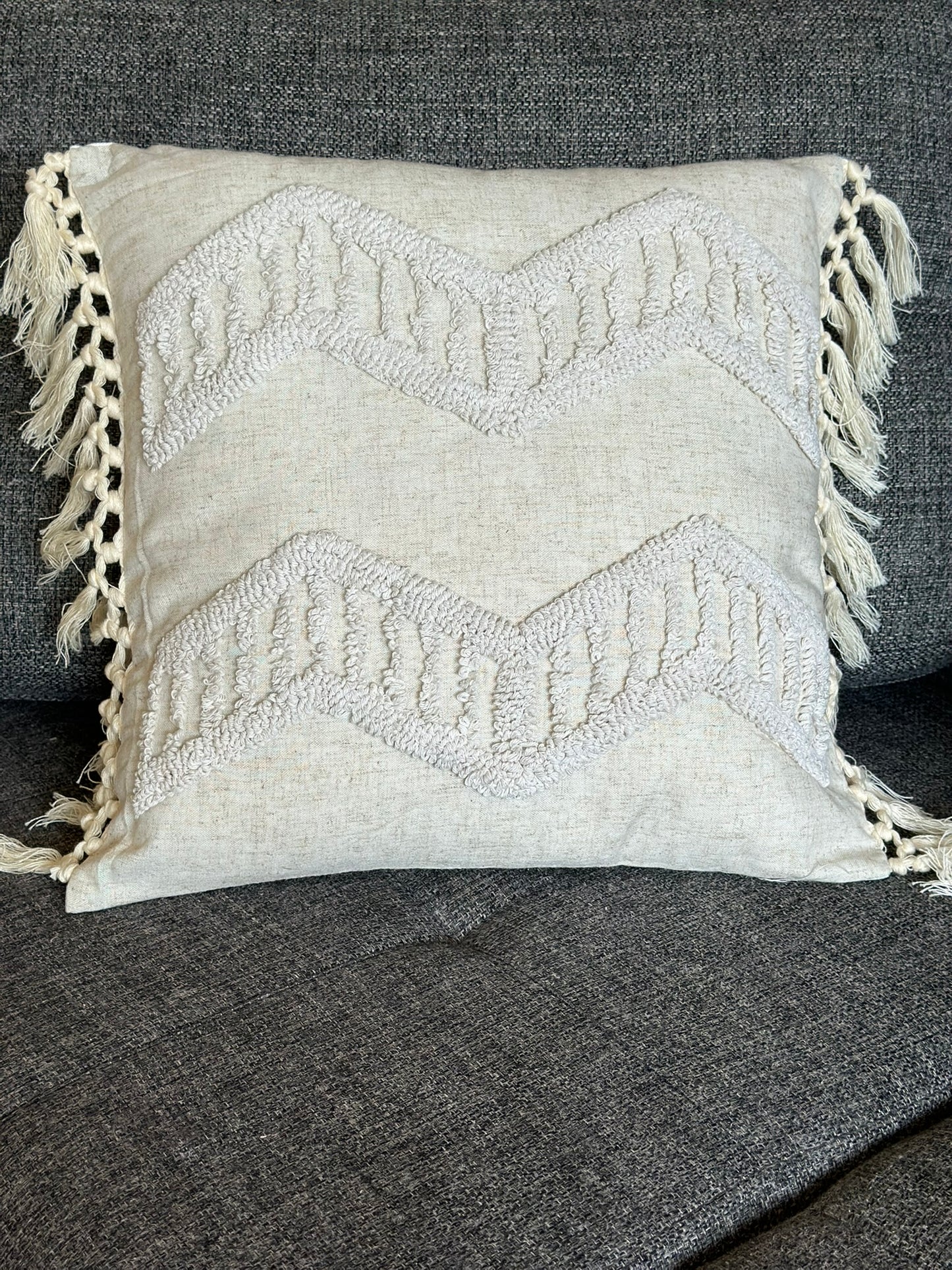 Bohemian Beige Chevron Cushion Set with Macramé Tassels CODE 3313 REG