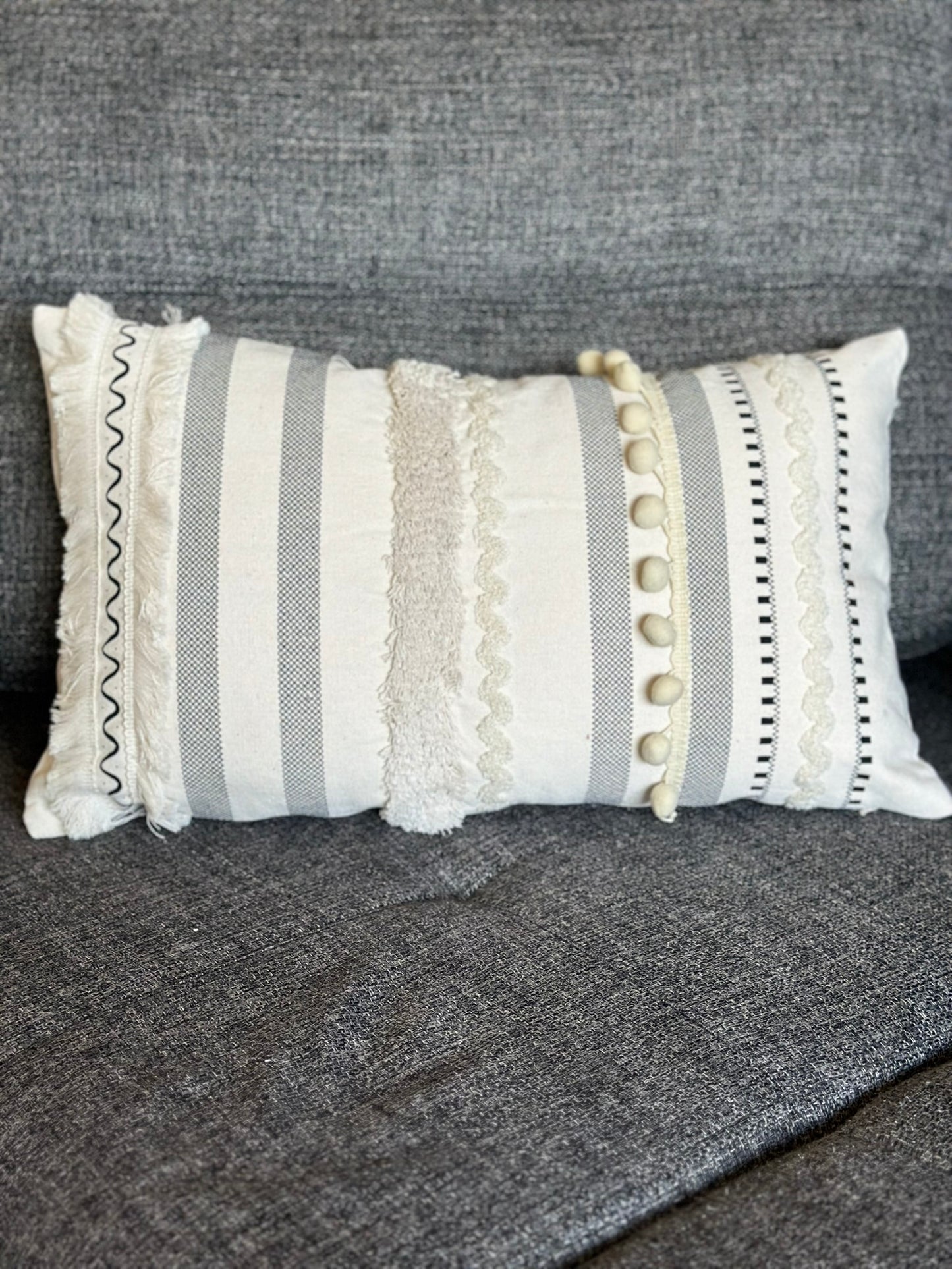 Modern Boho Textured Cushion Set – Black & Cream Striped with Playful Details CODE 3310