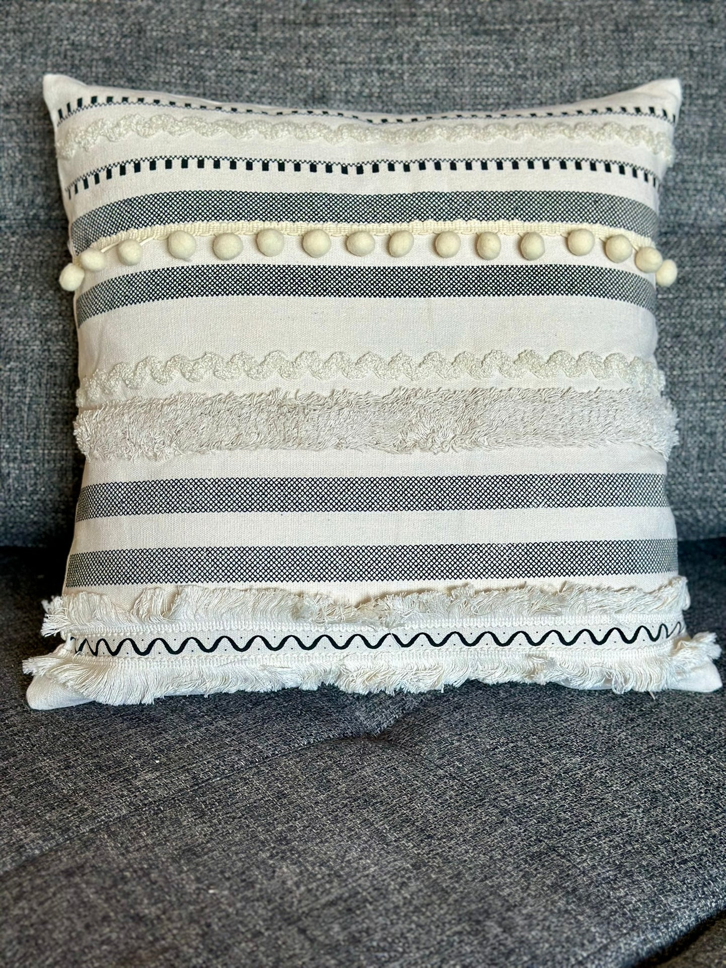 Modern Boho Textured Cushion Set – Black & Cream Striped with Playful Details CODE 3310