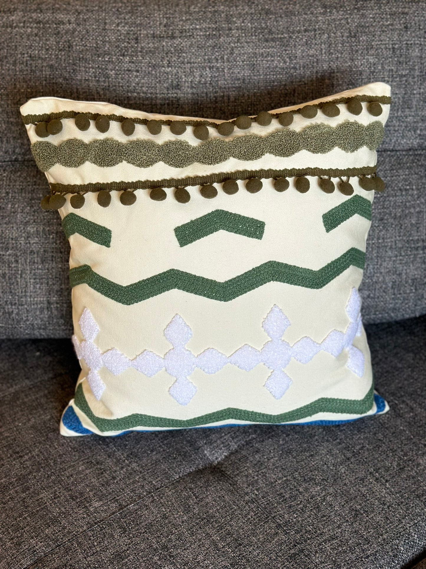 Ethnic Green & White Embroidered Cushion with Pom-Pom Trim CODE 3323 W&G