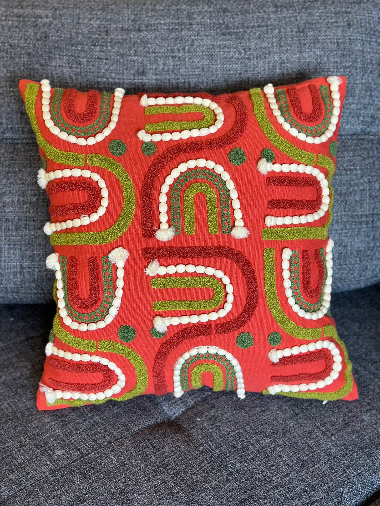 Boho Rainbow Embroidered Cushion with Pom-Pom Detailing CODE 3323 R