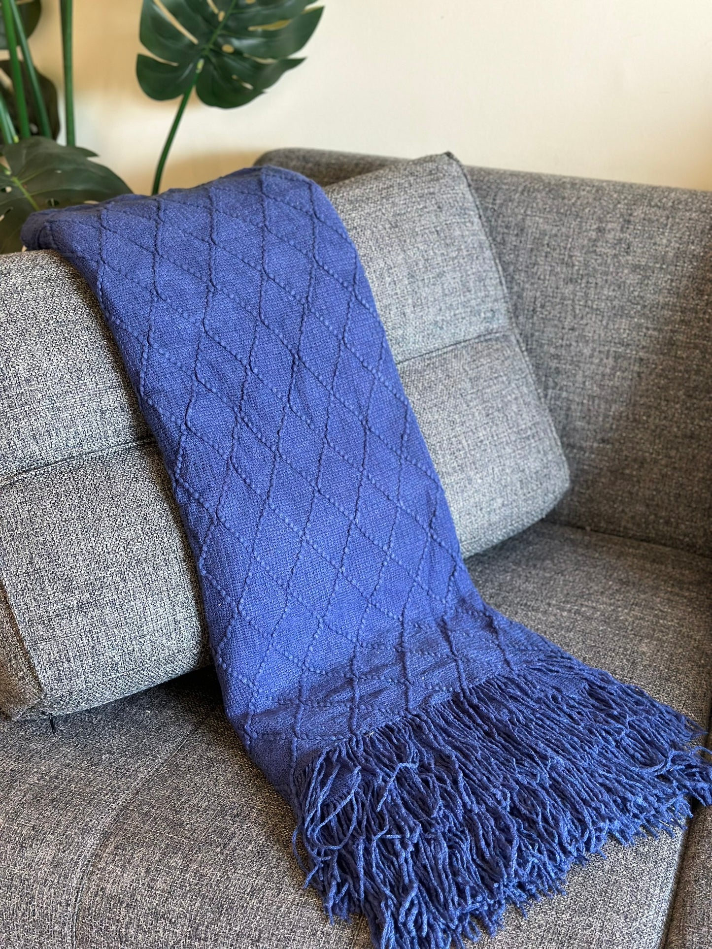 Navy Blue Diamond-Knit Throw with Fringe CODE 3331
