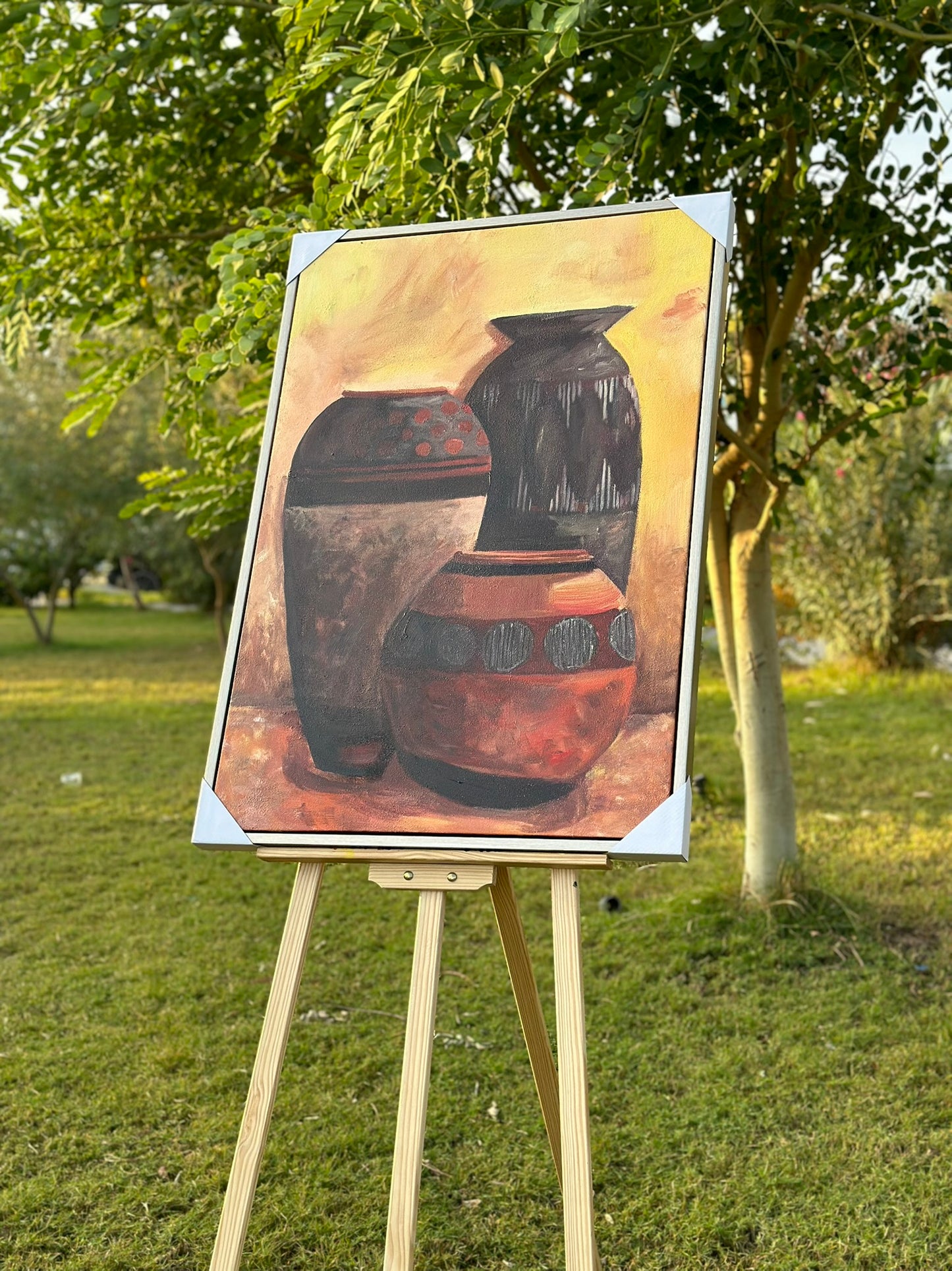 “Ancient Echoes” – Earth-Toned Still Life with Tribal Pottery Oil Paint Size 70x100 cm CODE 3105