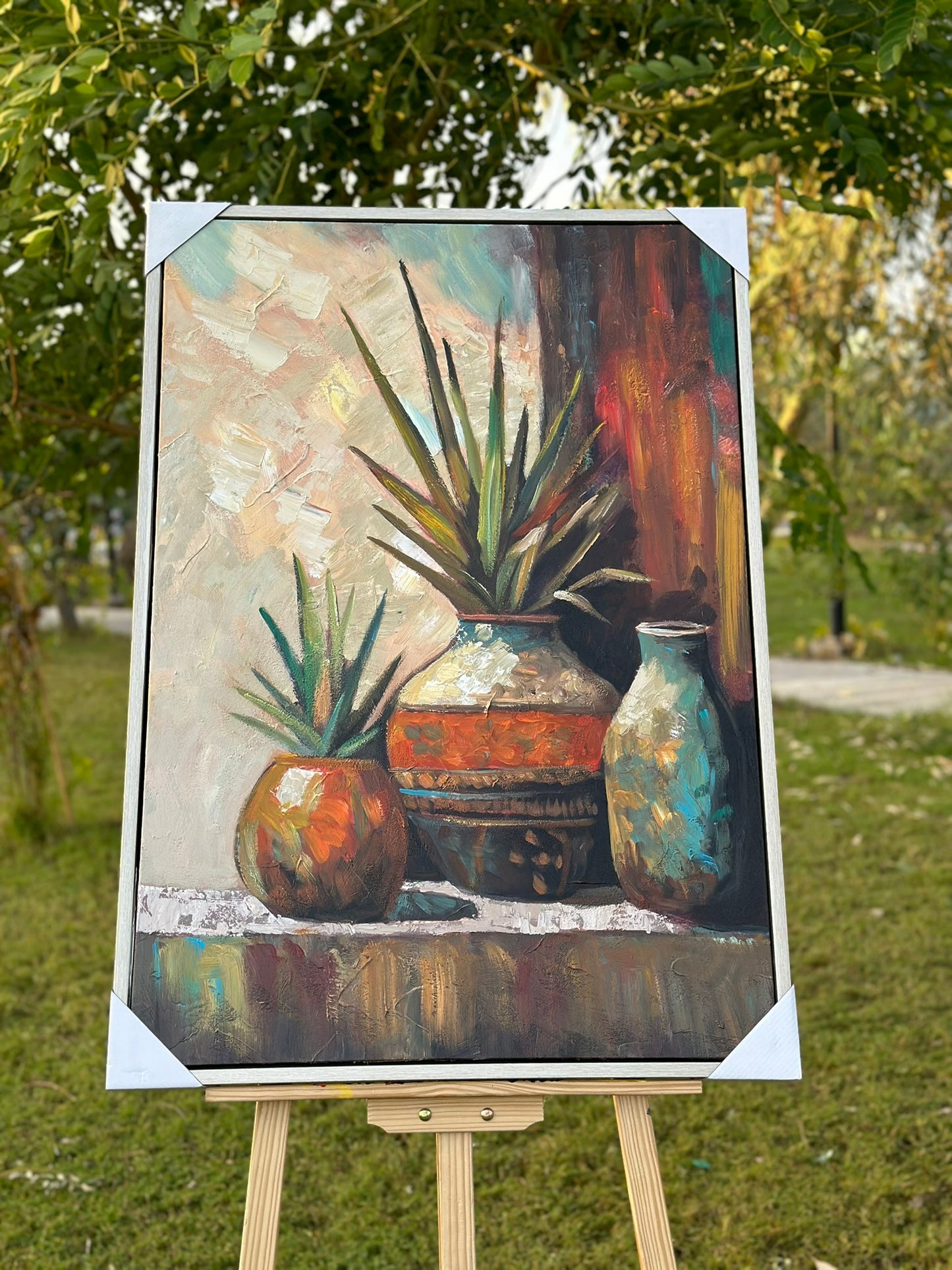 “Desert Bloom” – Textured Still Life with Succulent Vessels Oil Paint Size 70x100 cm CODE 3103