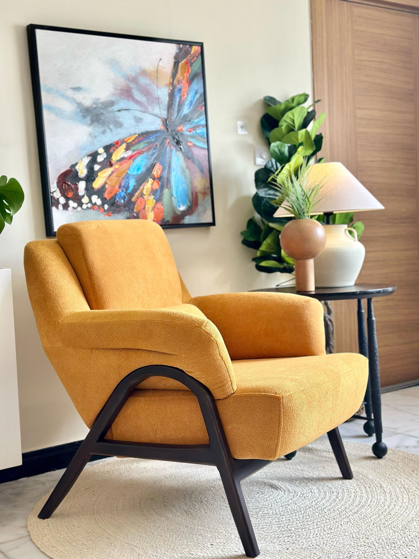 Modern Mustard Armchair with Dark Brown Wooden Legs
