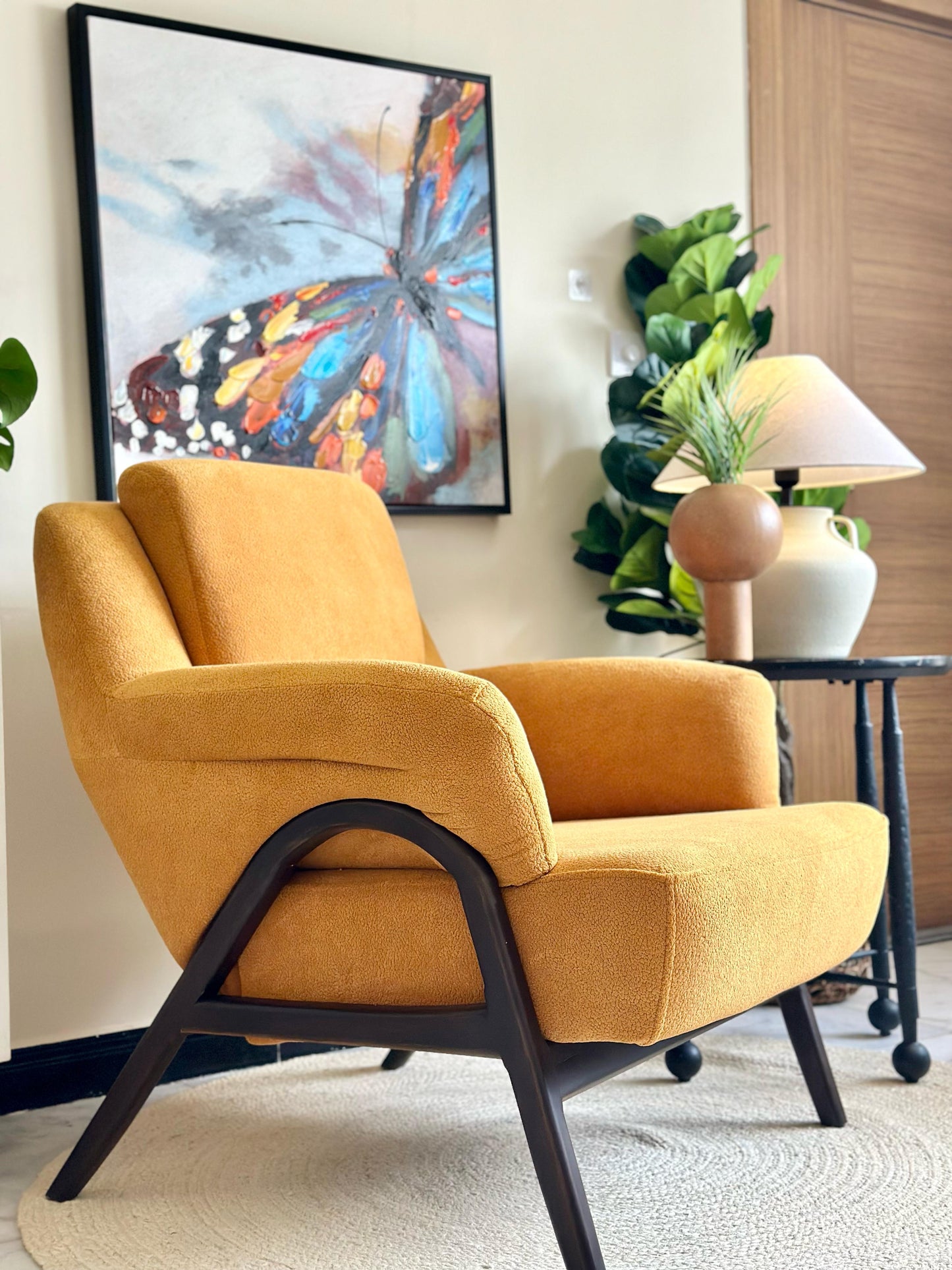 Modern Mustard Armchair with Dark Brown Wooden Legs