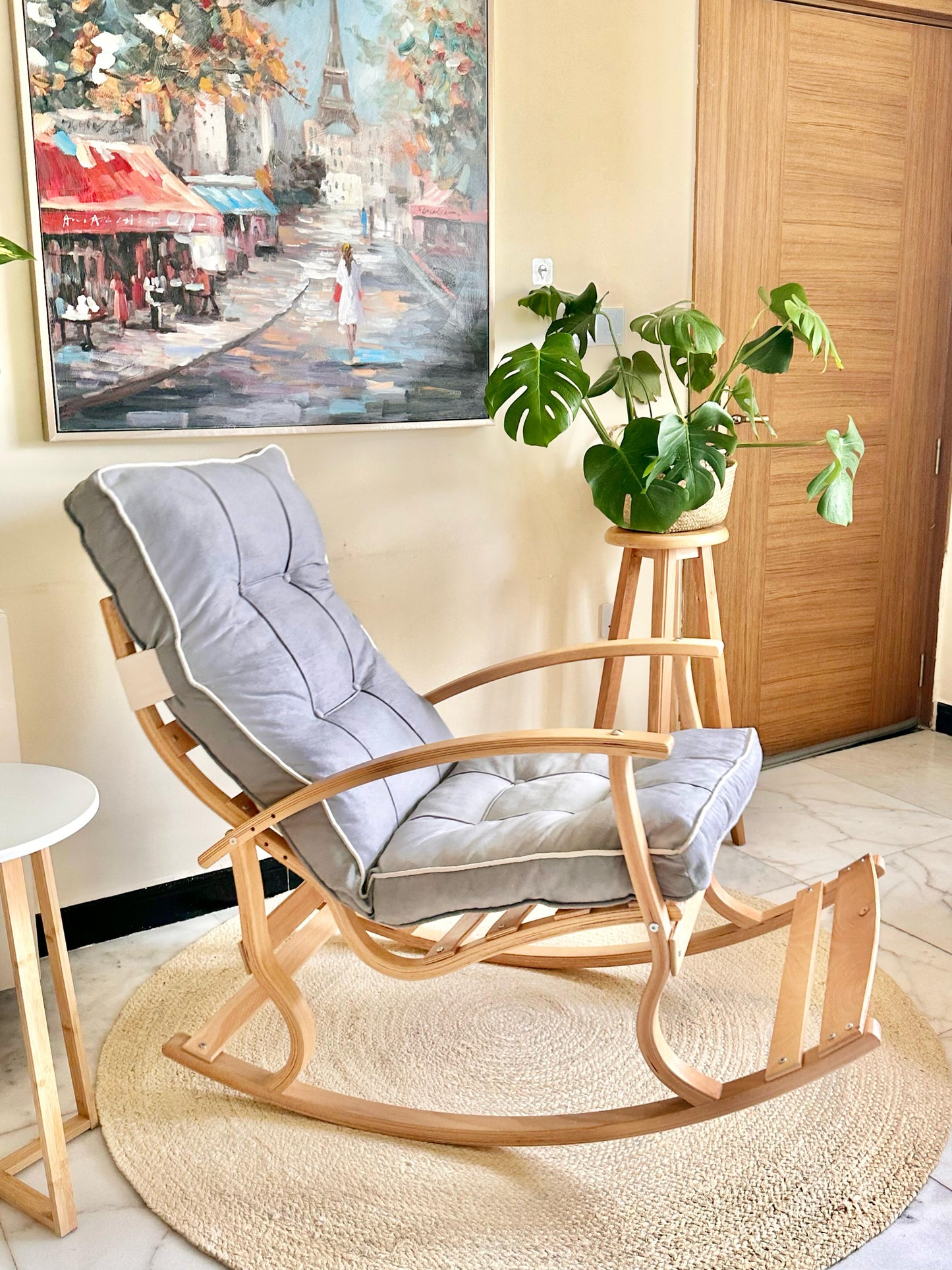 Scandinavian Rocking Chair – Natural Wood Frame with Padded Gray Cushion