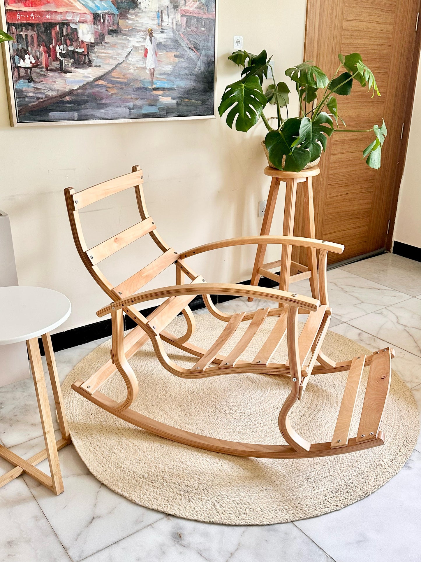 Scandinavian Rocking Chair – Natural Wood Frame with Padded Gray Cushion