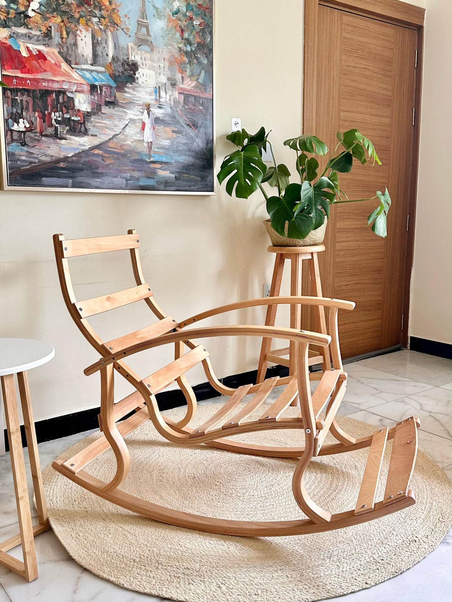 Scandinavian Rocking Chair – Natural Wood Frame with Padded Gray Cushion