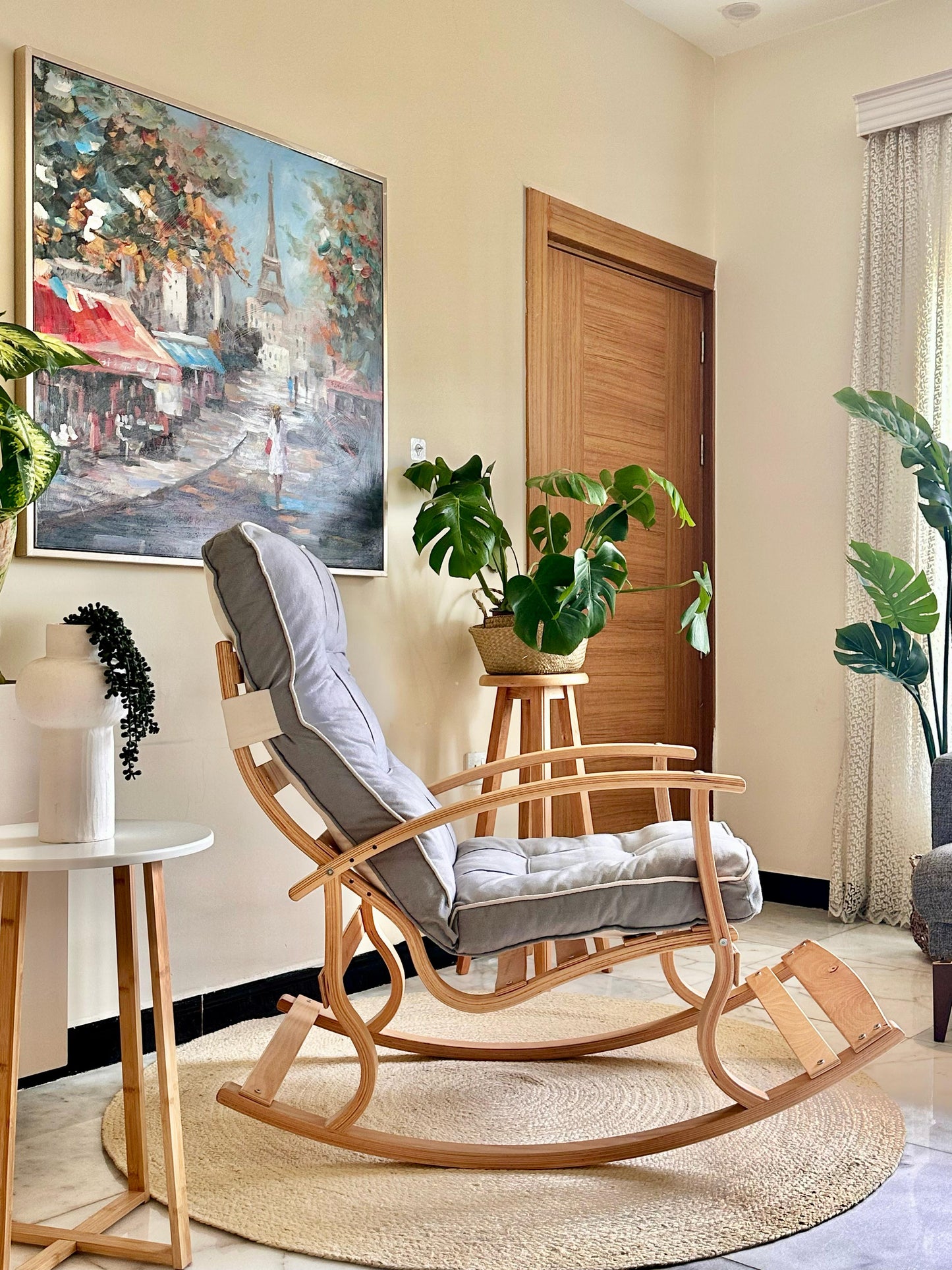 Scandinavian Rocking Chair – Natural Wood Frame with Padded Gray Cushion