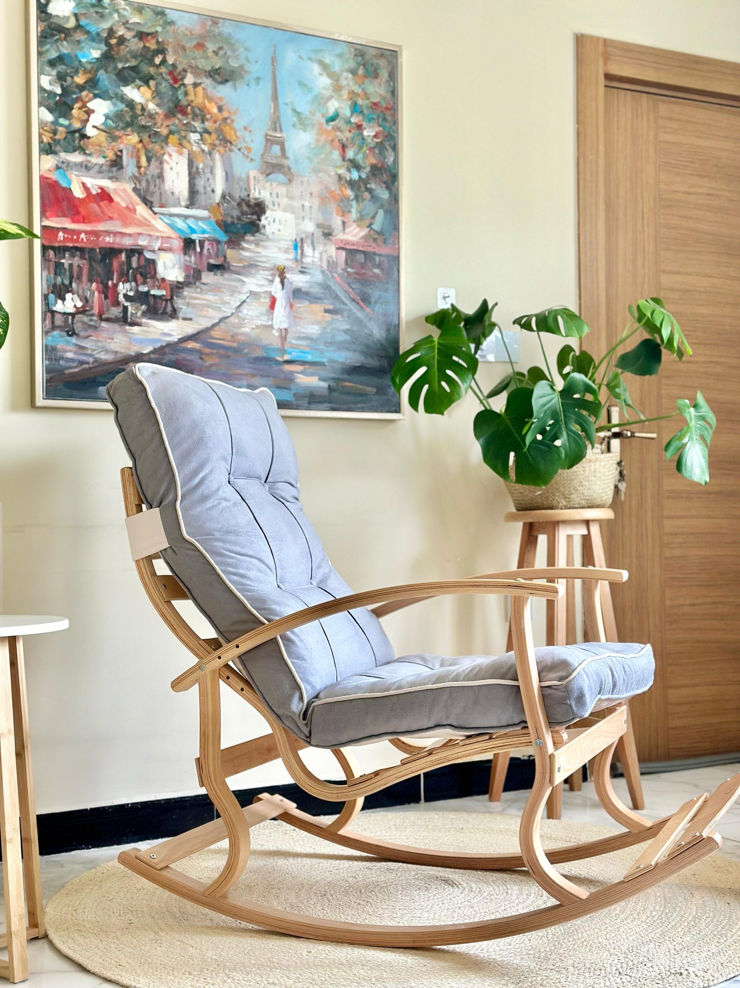 Scandinavian Rocking Chair – Natural Wood Frame with Padded Gray Cushion