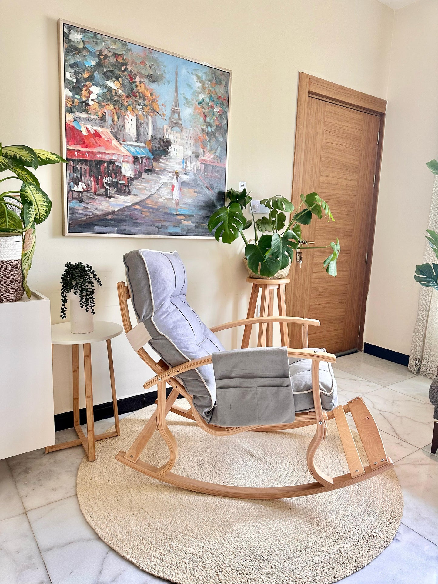 Scandinavian Rocking Chair – Natural Wood Frame with Padded Gray Cushion