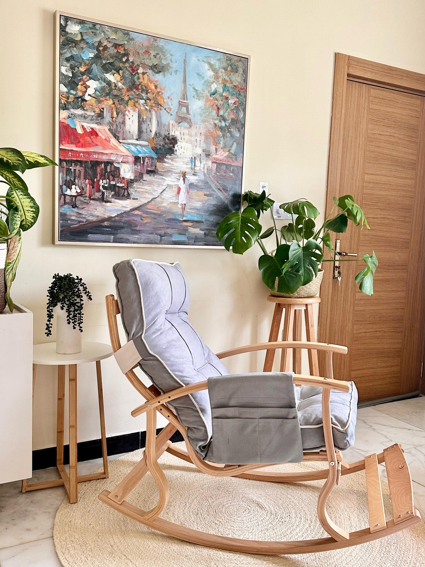 Scandinavian Rocking Chair – Natural Wood Frame with Padded Gray Cushion