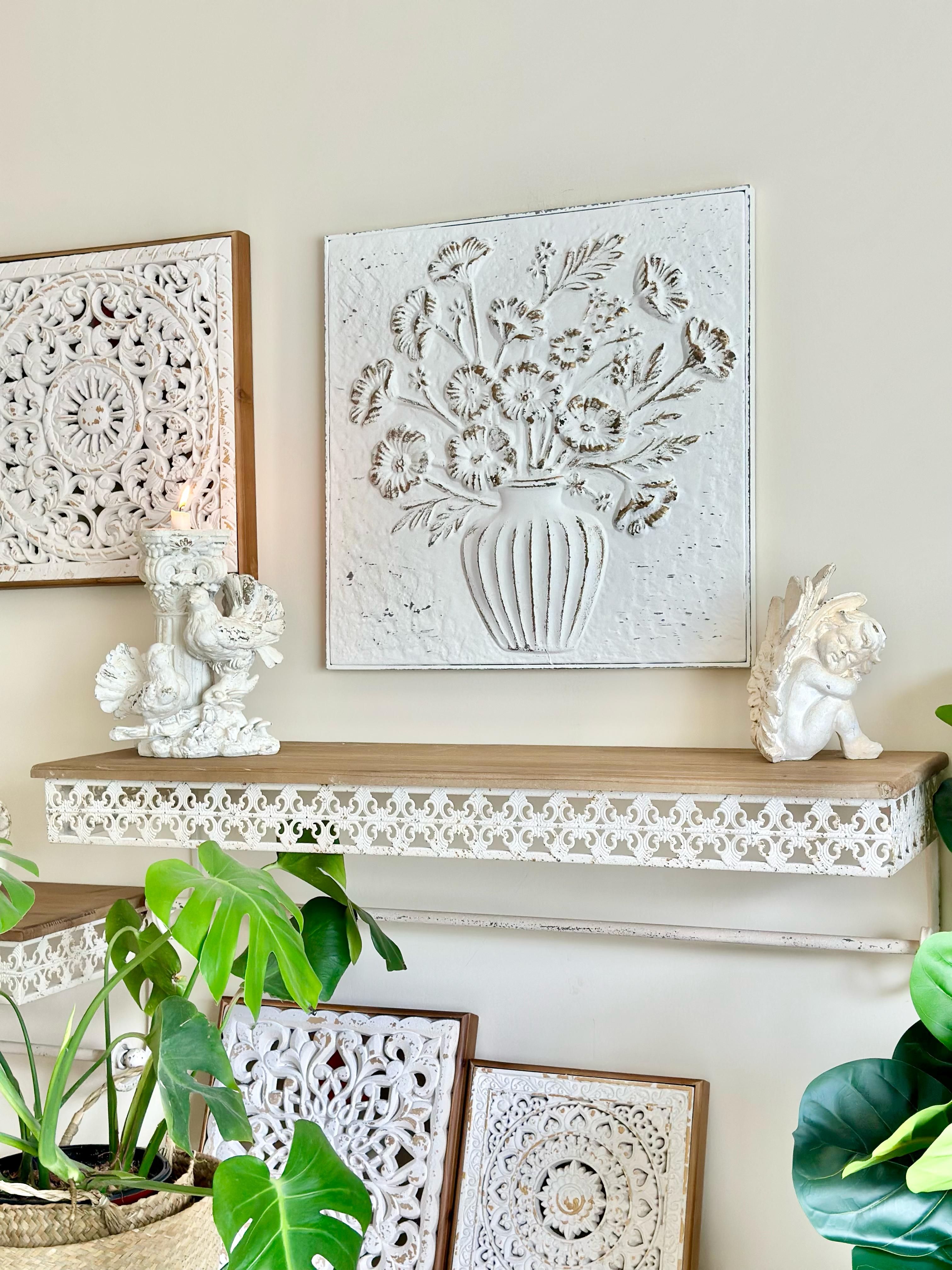 Embossed Metal Wall Panel – White Floral Vase Design