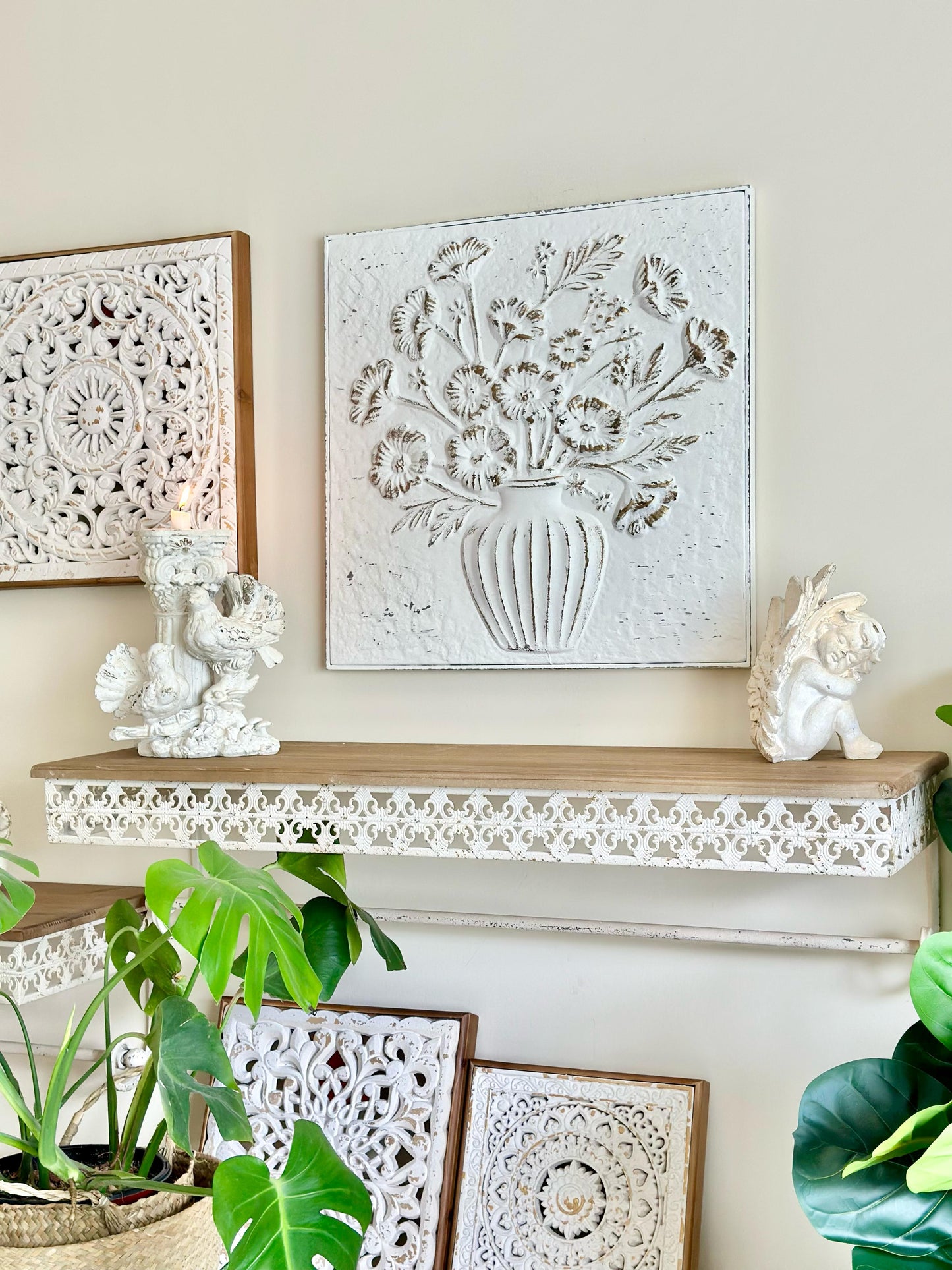Ornate Wall Shelves – Distressed White Iron Lace with Natural Wood Top