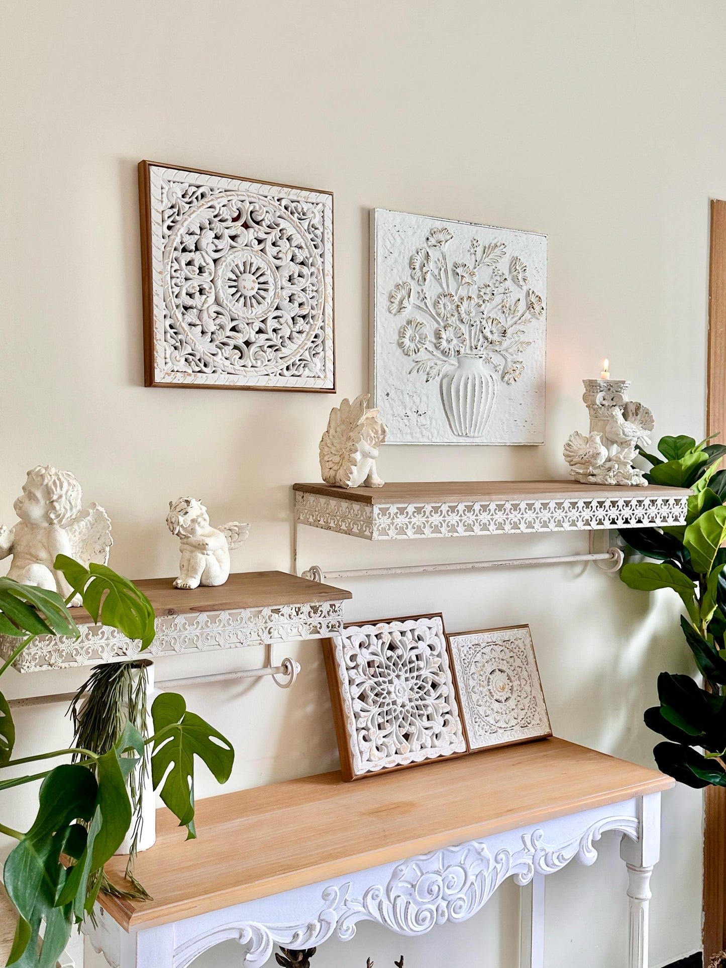 Ornate Wall Shelves – Distressed White Iron Lace with Natural Wood Top