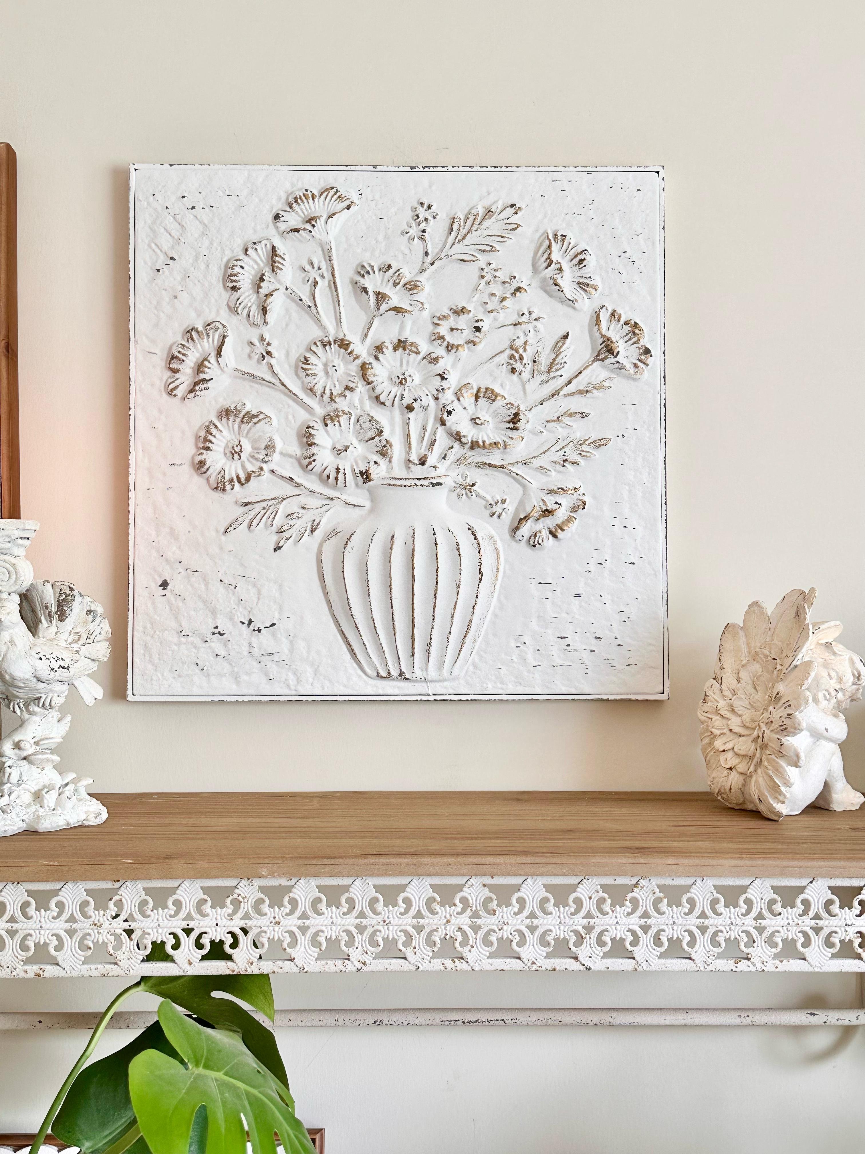 Embossed Metal Wall Panel – White Floral Vase Design