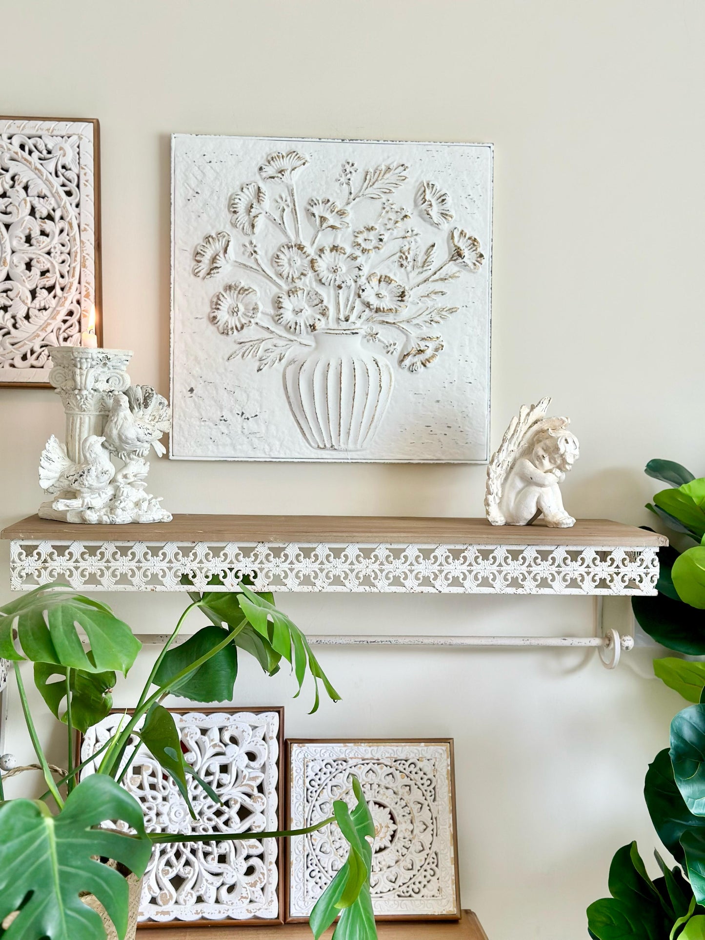 Ornate Wall Shelves – Distressed White Iron Lace with Natural Wood Top