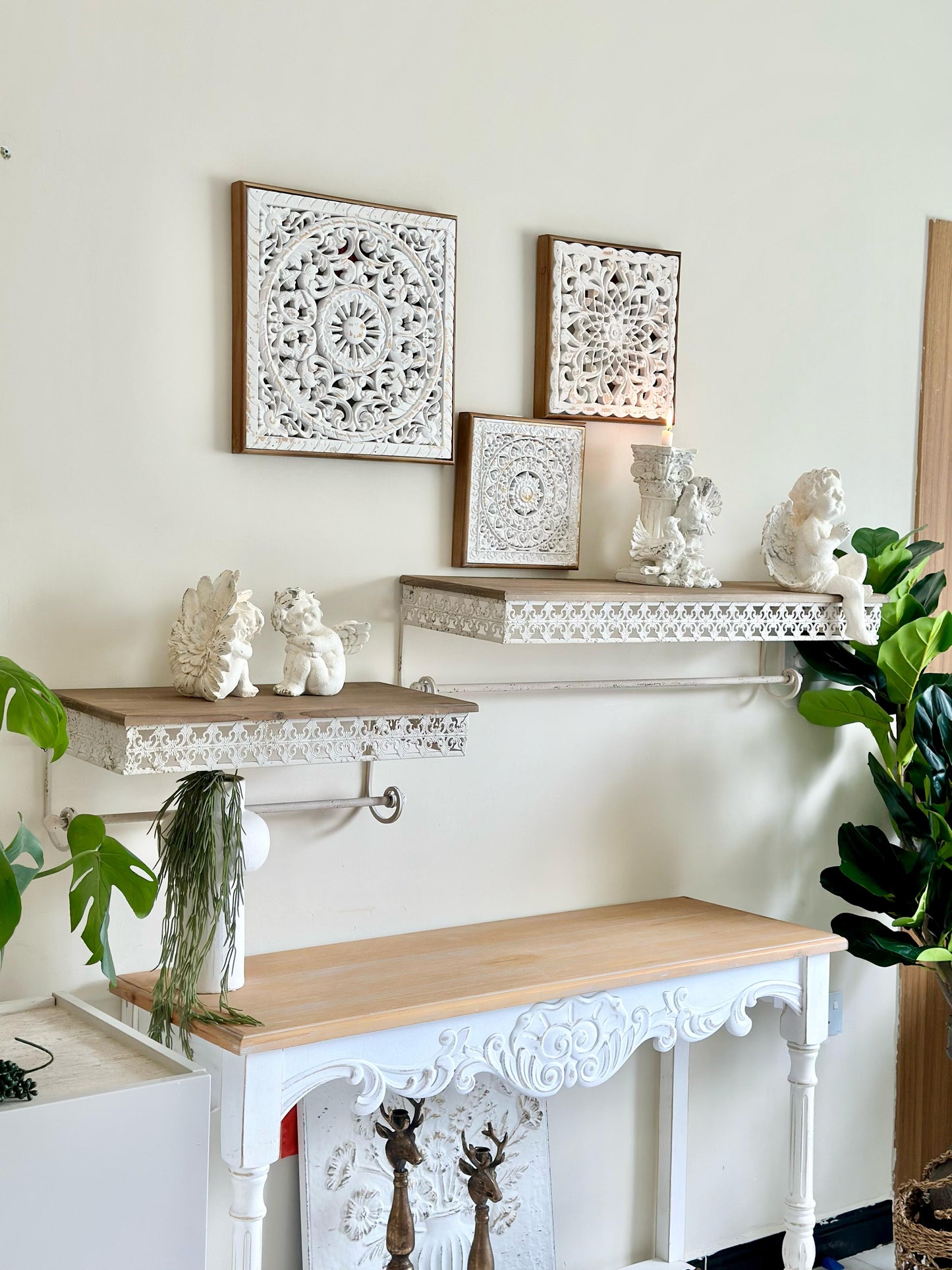 Ornate Wall Shelves – Distressed White Iron Lace with Natural Wood Top