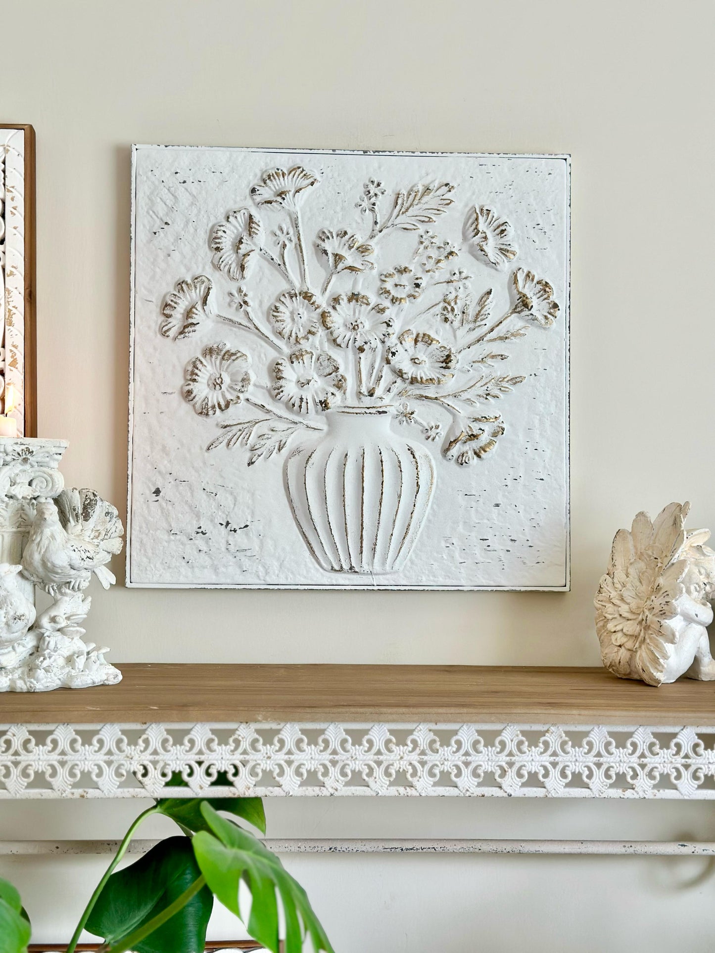 Ornate Wall Shelves – Distressed White Iron Lace with Natural Wood Top