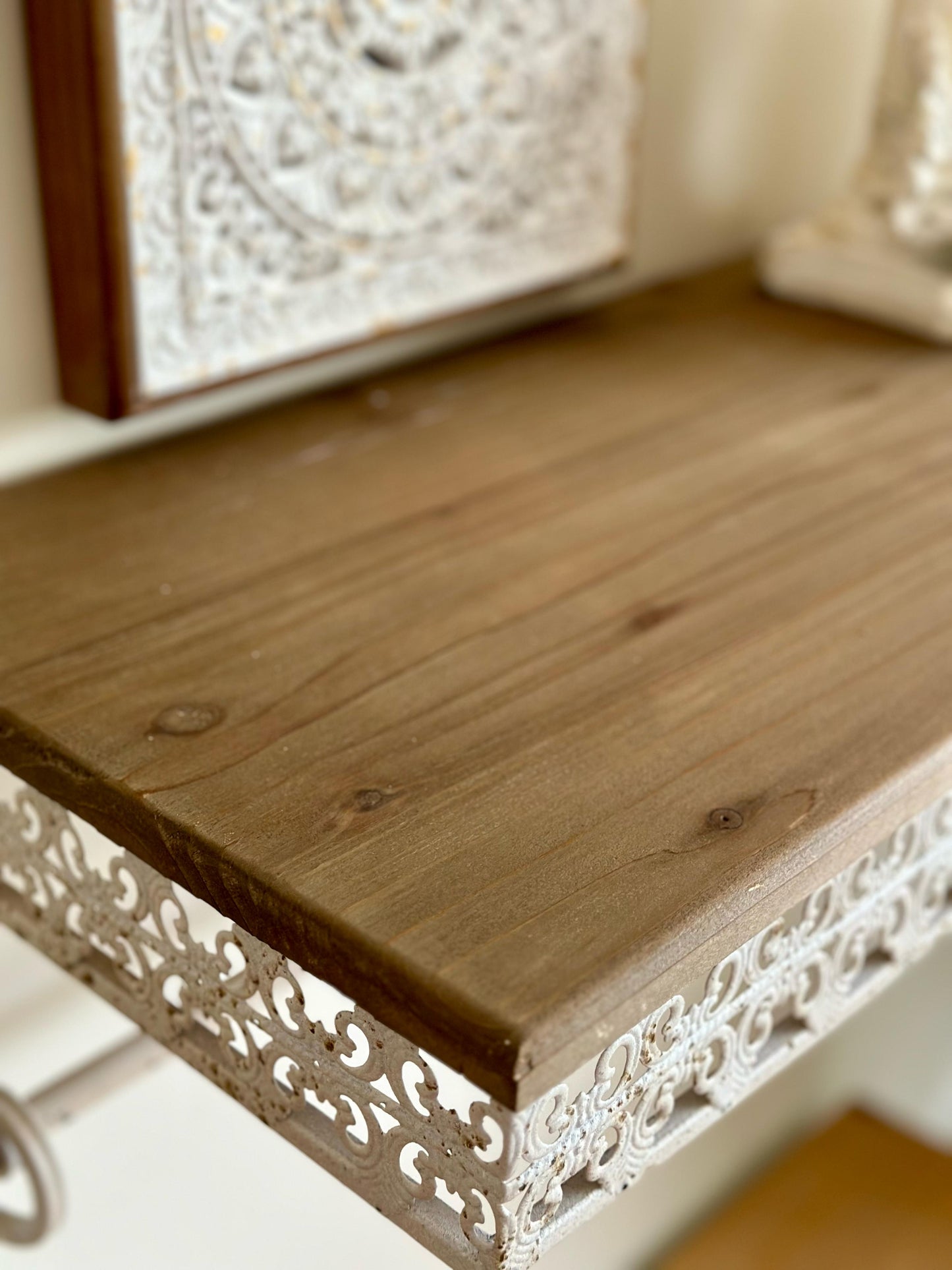 Ornate Wall Shelves – Distressed White Iron Lace with Natural Wood Top