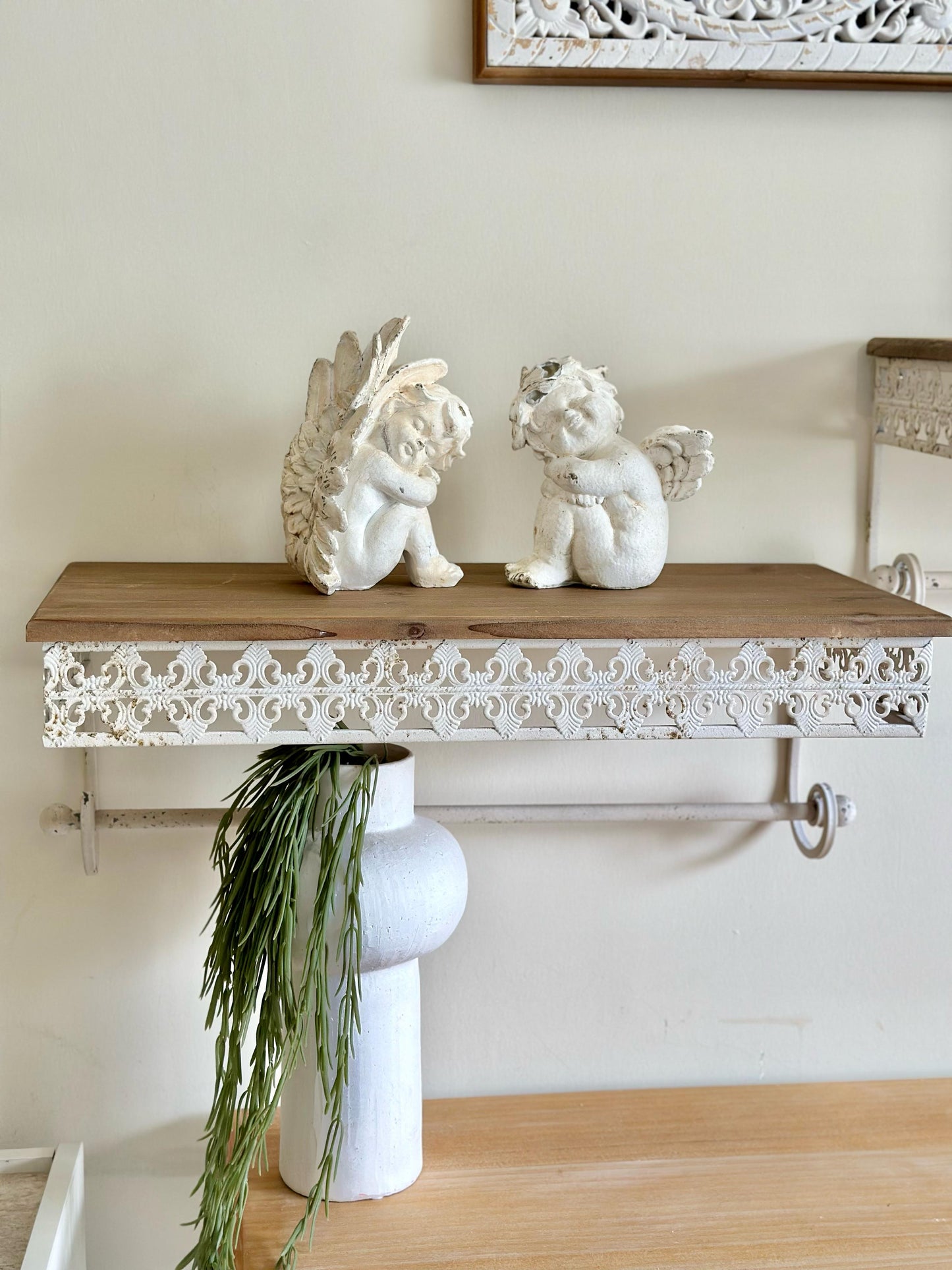 Ornate Wall Shelves – Distressed White Iron Lace with Natural Wood Top