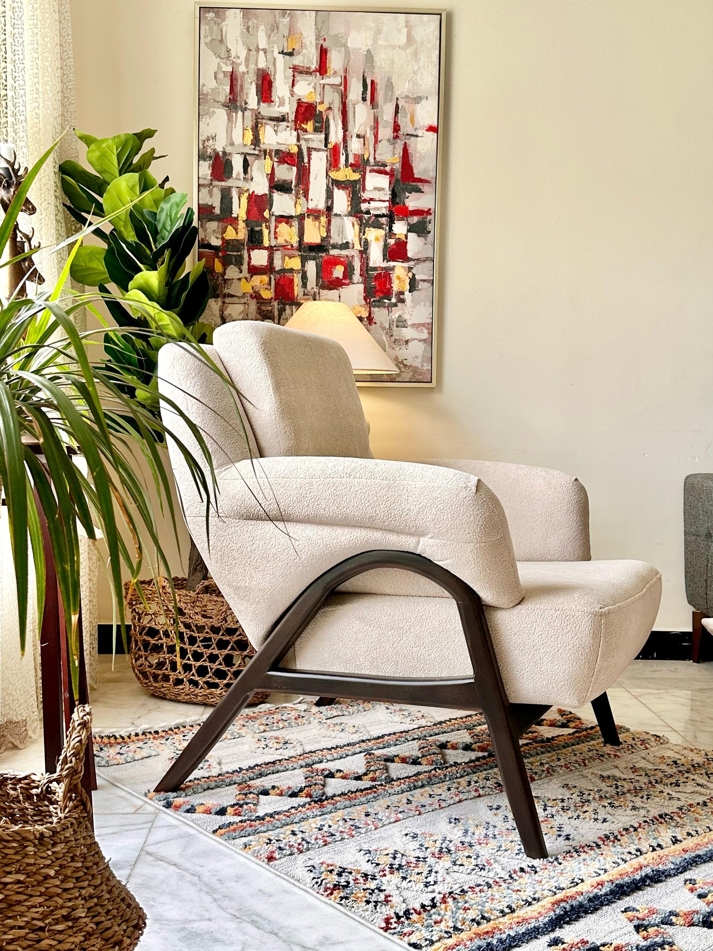 Beige Armchair with Black Wood Frame – Modern Lounge Comfort