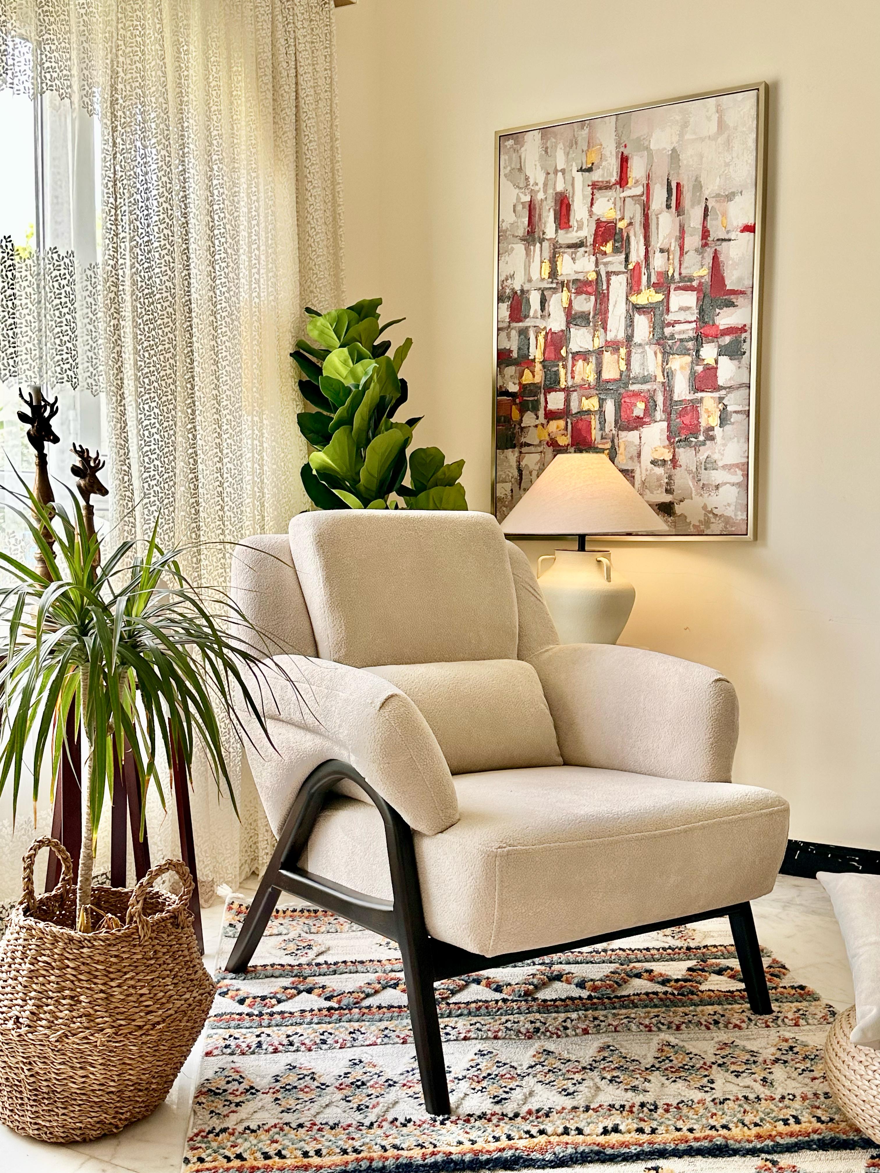 Beige Armchair with Black Wood Frame – Modern Lounge Comfort