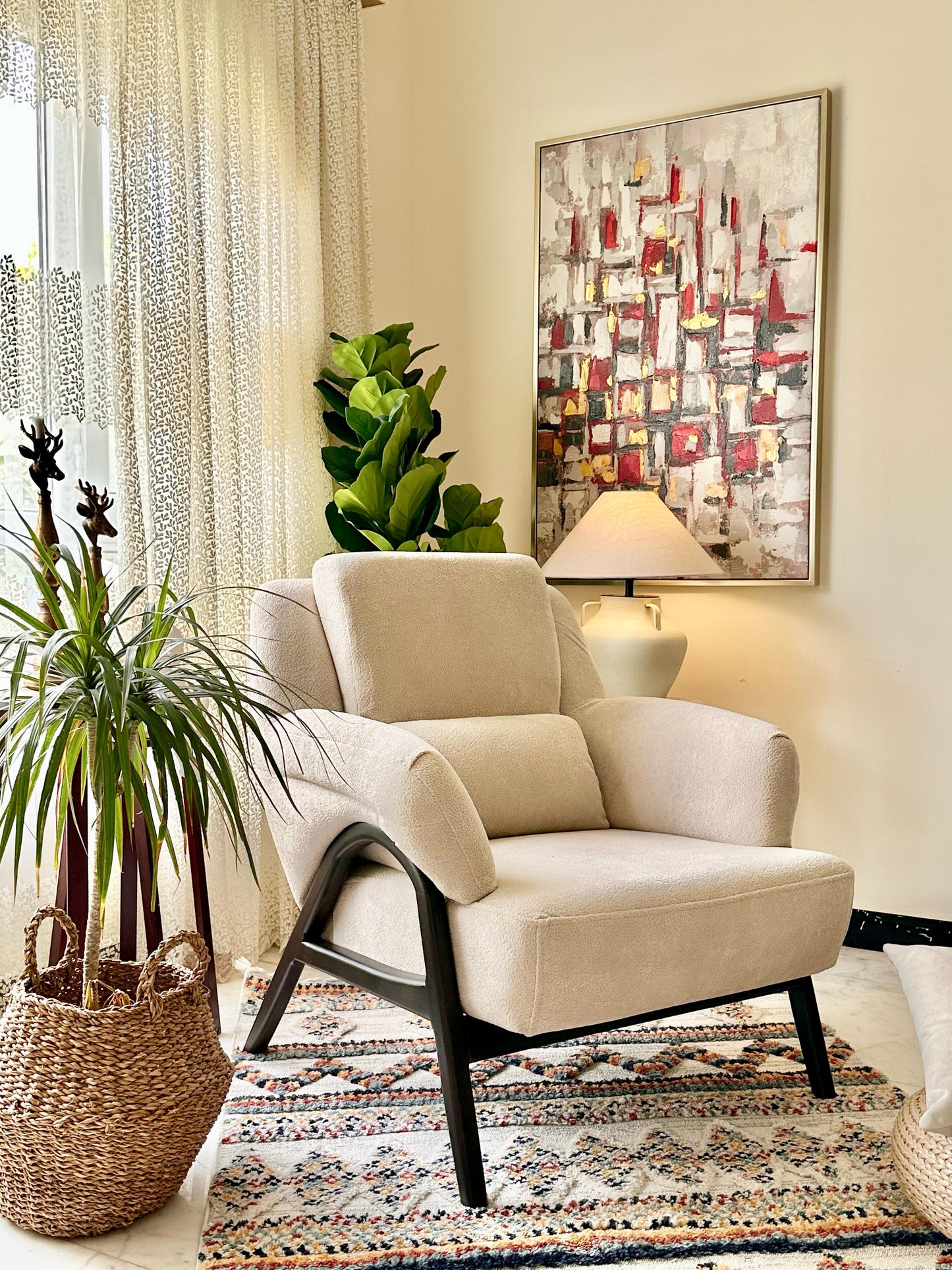Beige Armchair with Black Wood Frame – Modern Lounge Comfort