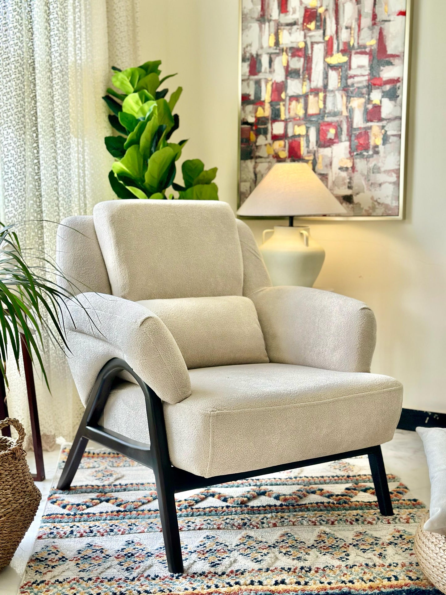 Beige Armchair with Black Wood Frame – Modern Lounge Comfort