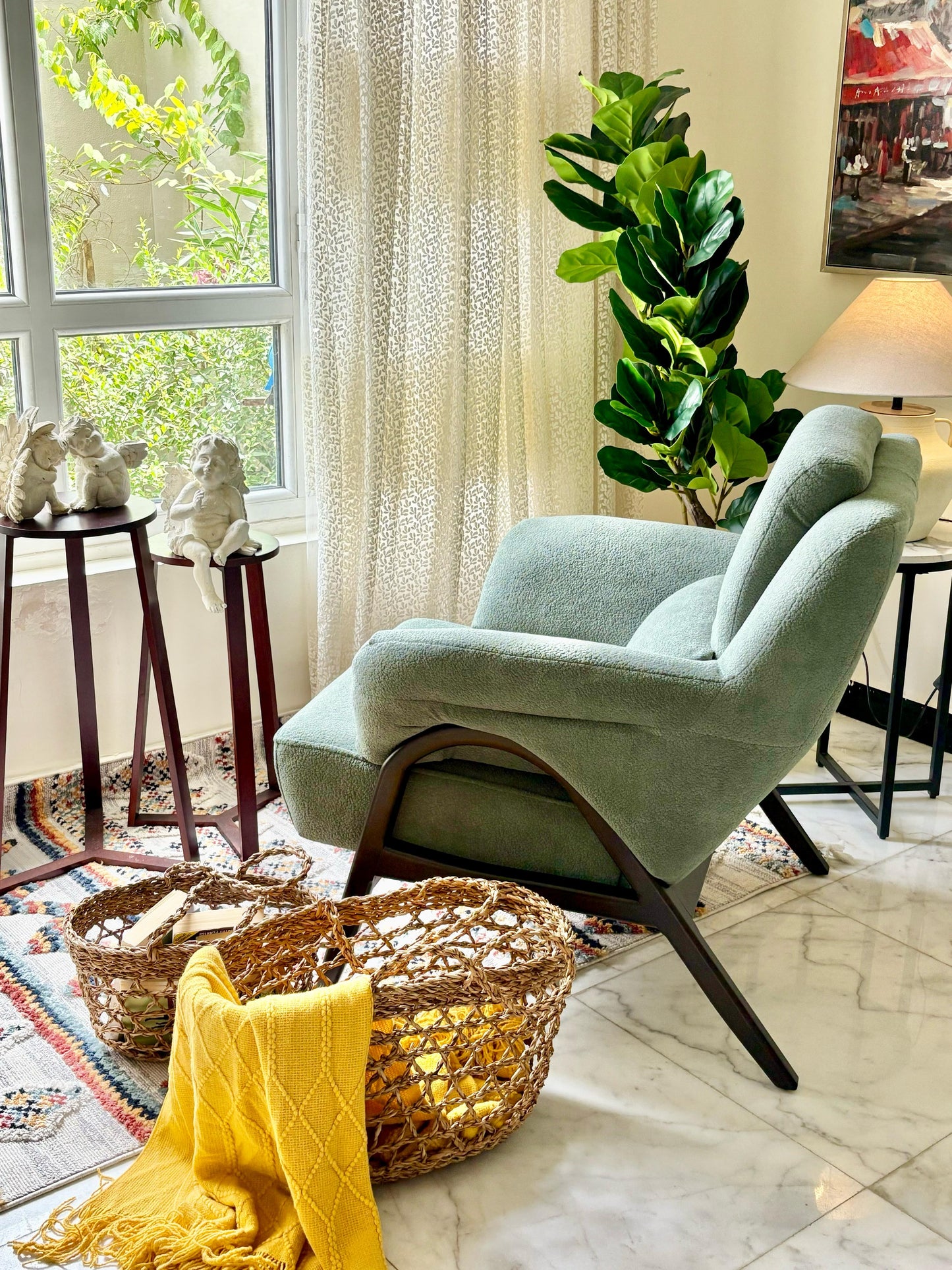 Mint Green Armchair – Soft Bouclé Texture & Dark Wooden Frame