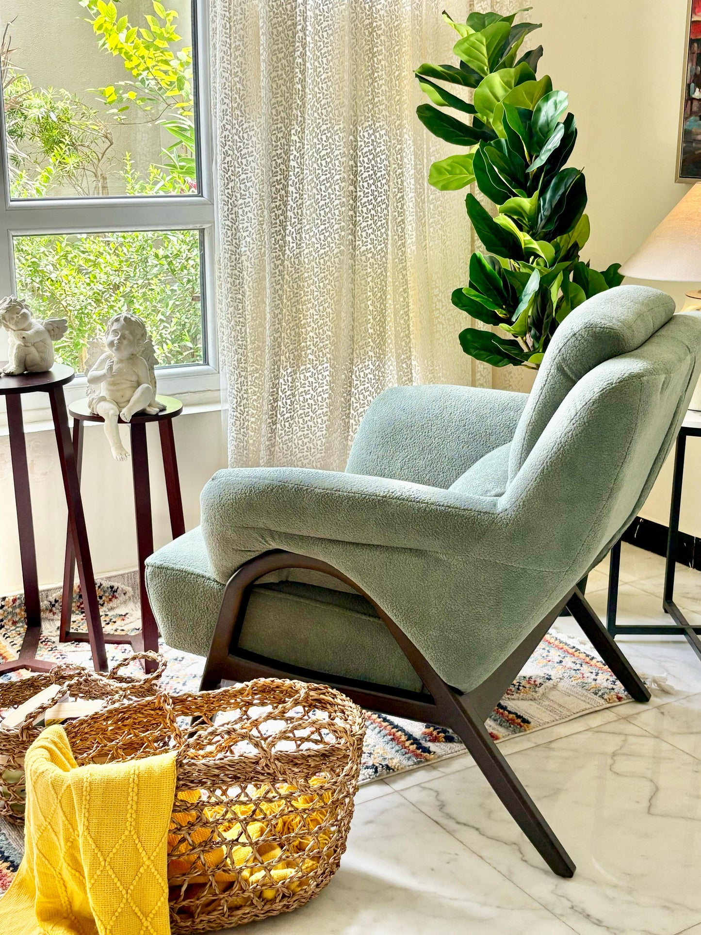 Mint Green Armchair – Soft Bouclé Texture & Dark Wooden Frame